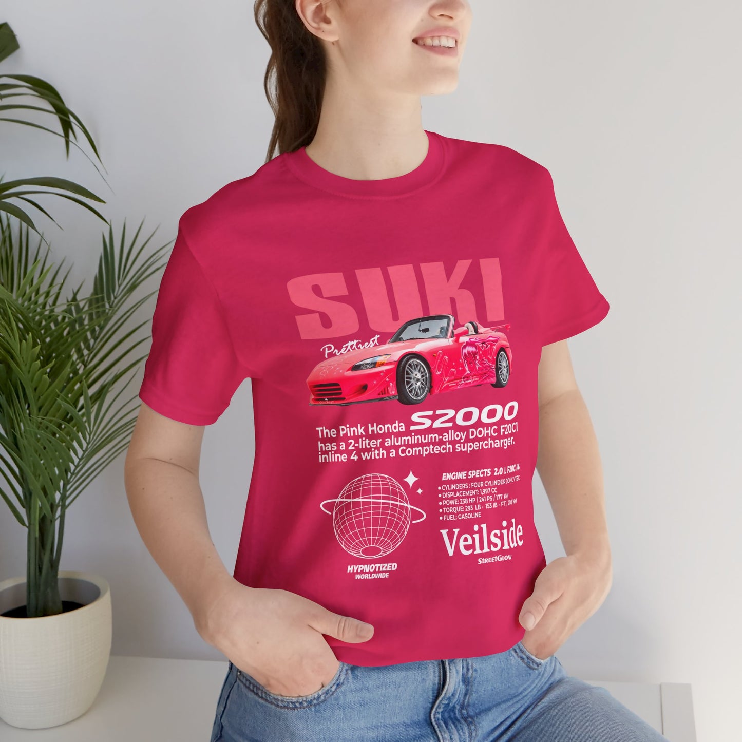 T-Shirt Unisex Graphic Tee - Suki's Pink Honda S2000 Design, Fast Car Anime T-Shirt, Retro Japanese by Bella+Canvas
