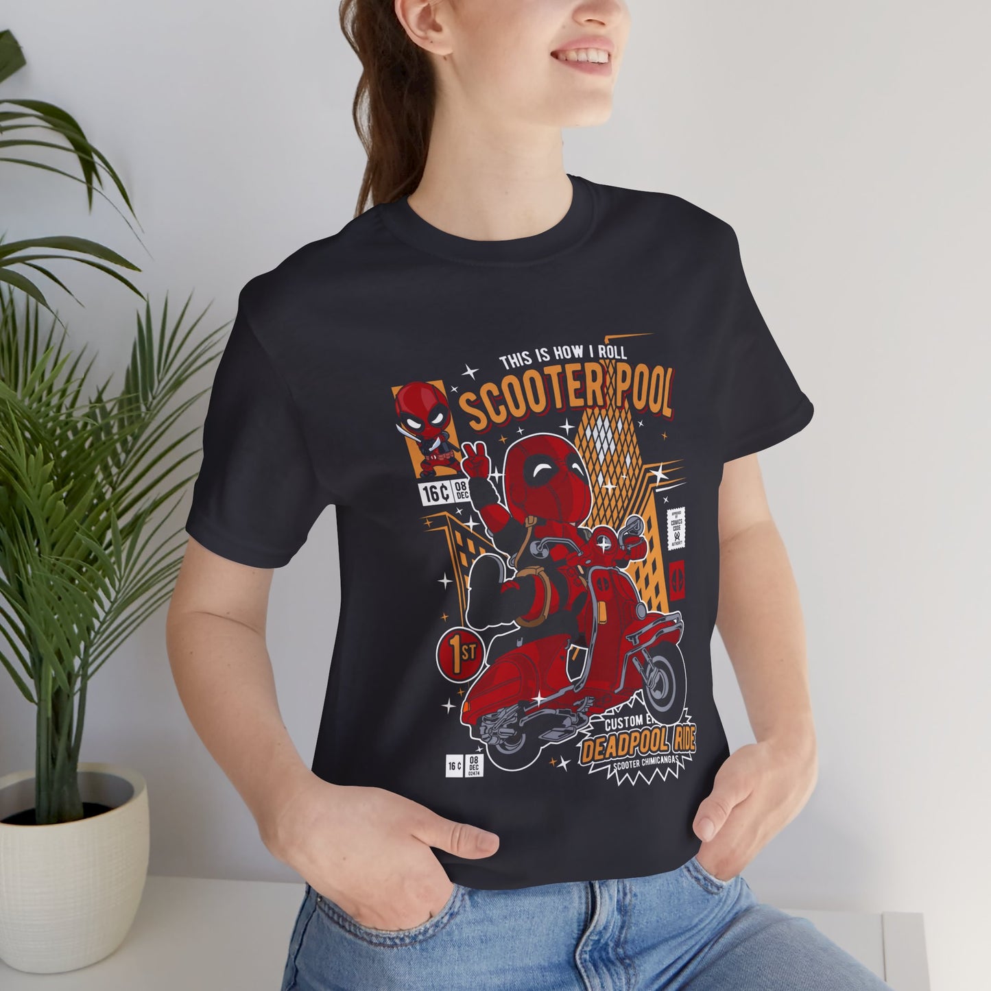 T-Shirt Deadpool Scooter Short Sleeve Tee – Fun, Unisex Graphic T-Shirt for Fans