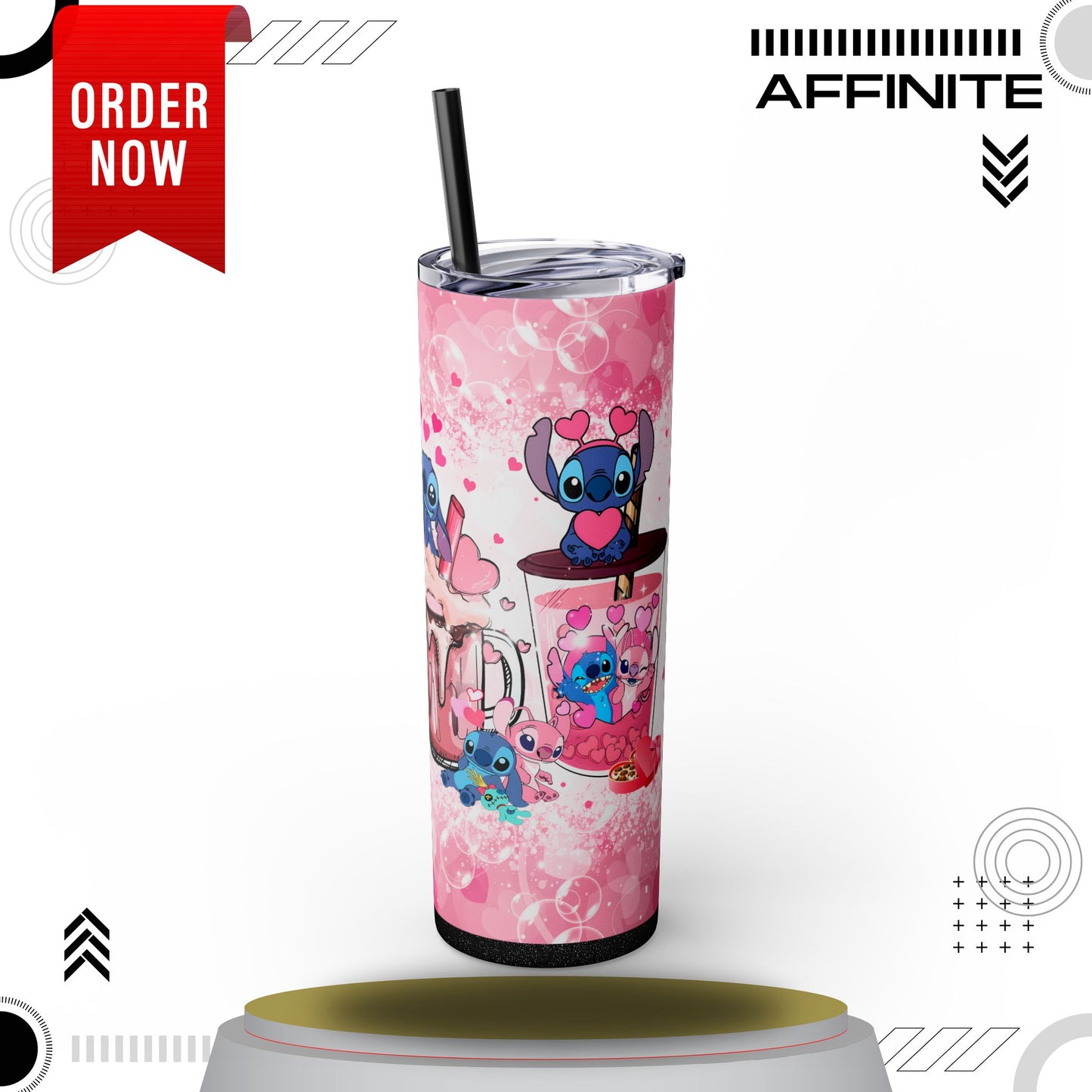 Tumblers Cute Stitch Cartoon Skinny Tumbler with Straw - 20oz - Pink Love Theme