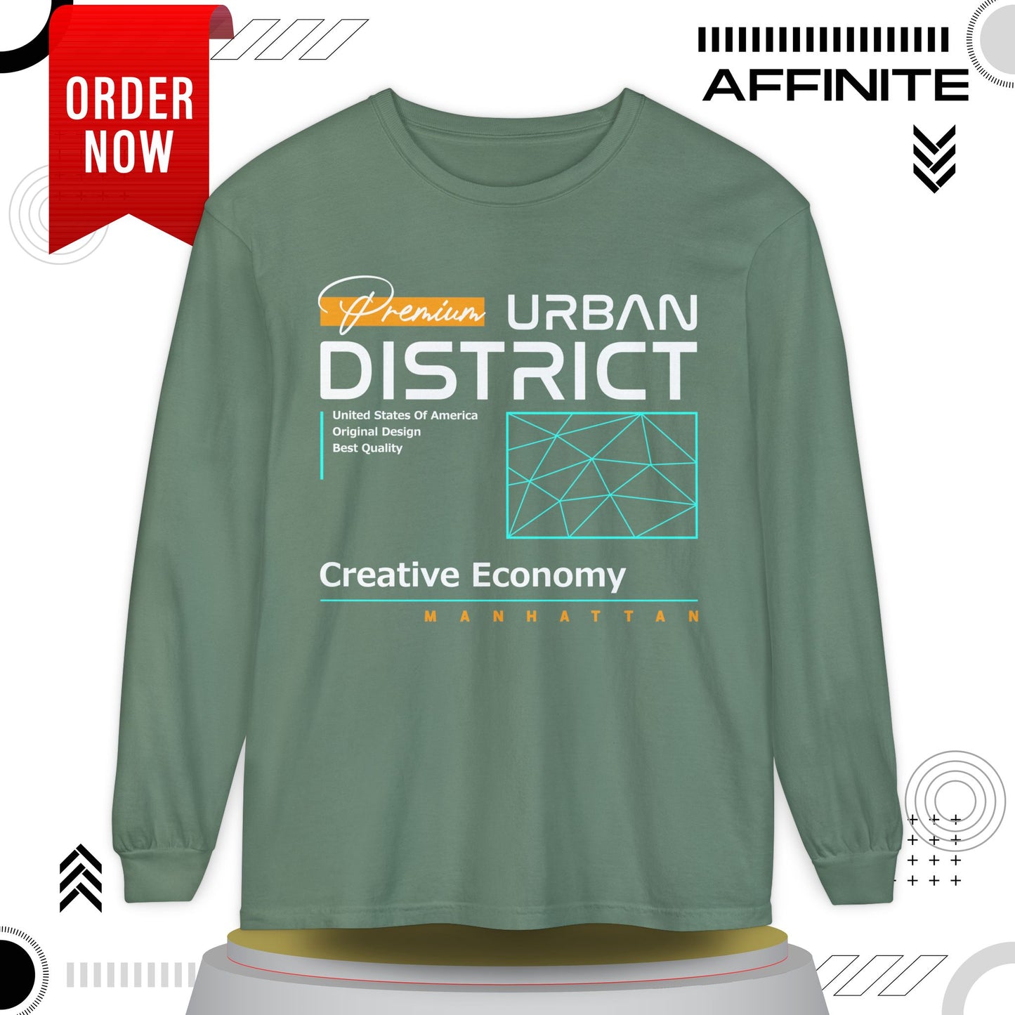 Long-sleeve Urban District Long Sleeve T-Shirt - Vintage Graphic Tee, Casual Wear, Creative Economy, Unisex Fashion, Gift for Art Lovers Light Green