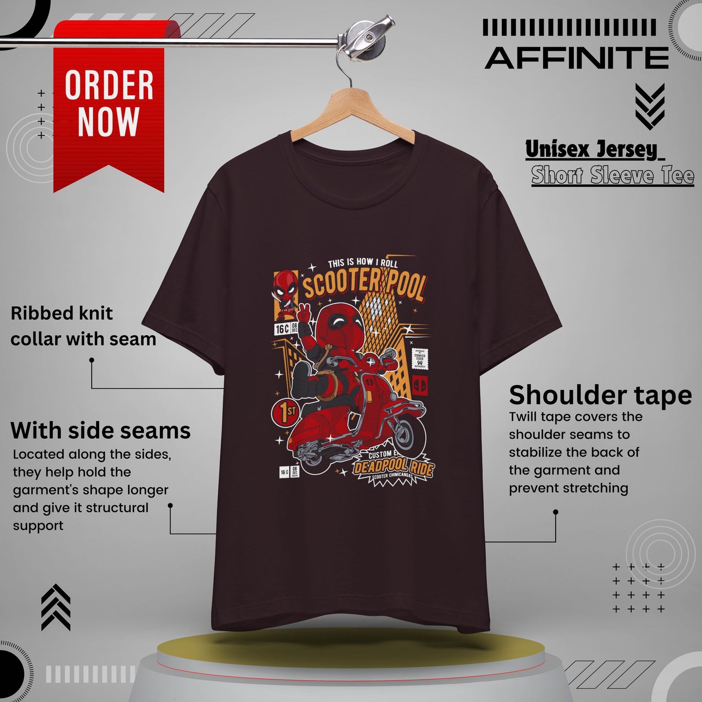 T-Shirt Deadpool Scooter Short Sleeve Tee – Fun, Unisex Graphic T-Shirt for Fans Oxblood Black