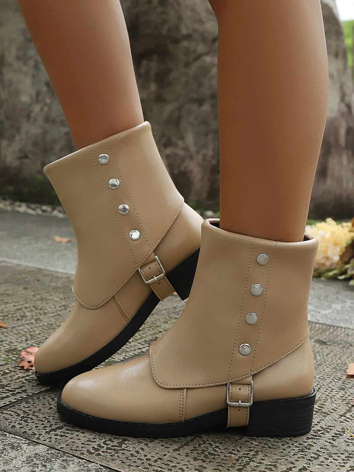 Boots Buckle Block Heels Boots | Women's Adjustable Strap Boots with Mid Heel Khaki