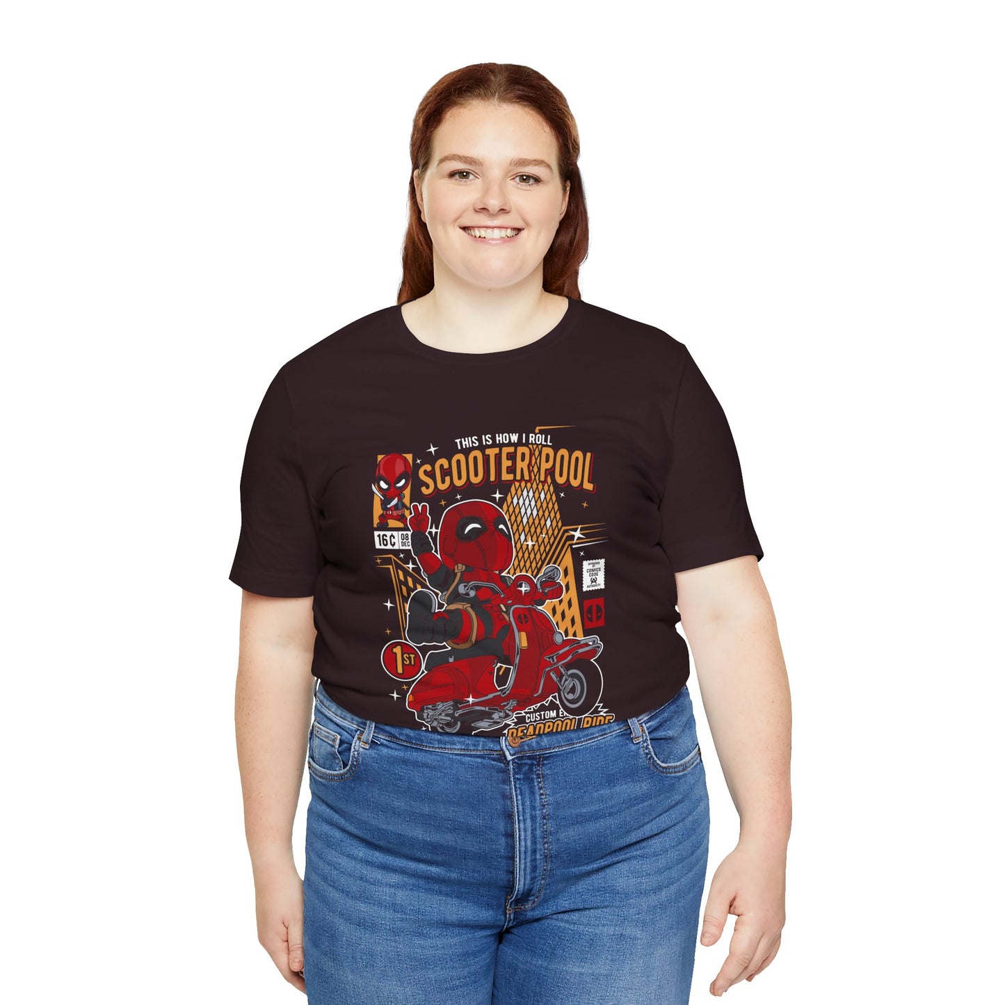 T-Shirt Deadpool Scooter Short Sleeve Tee – Fun, Unisex Graphic T-Shirt for Fans