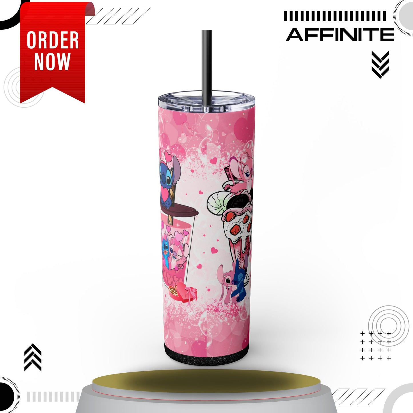 Tumblers Cute Stitch Cartoon Skinny Tumbler with Straw - 20oz - Pink Love Theme