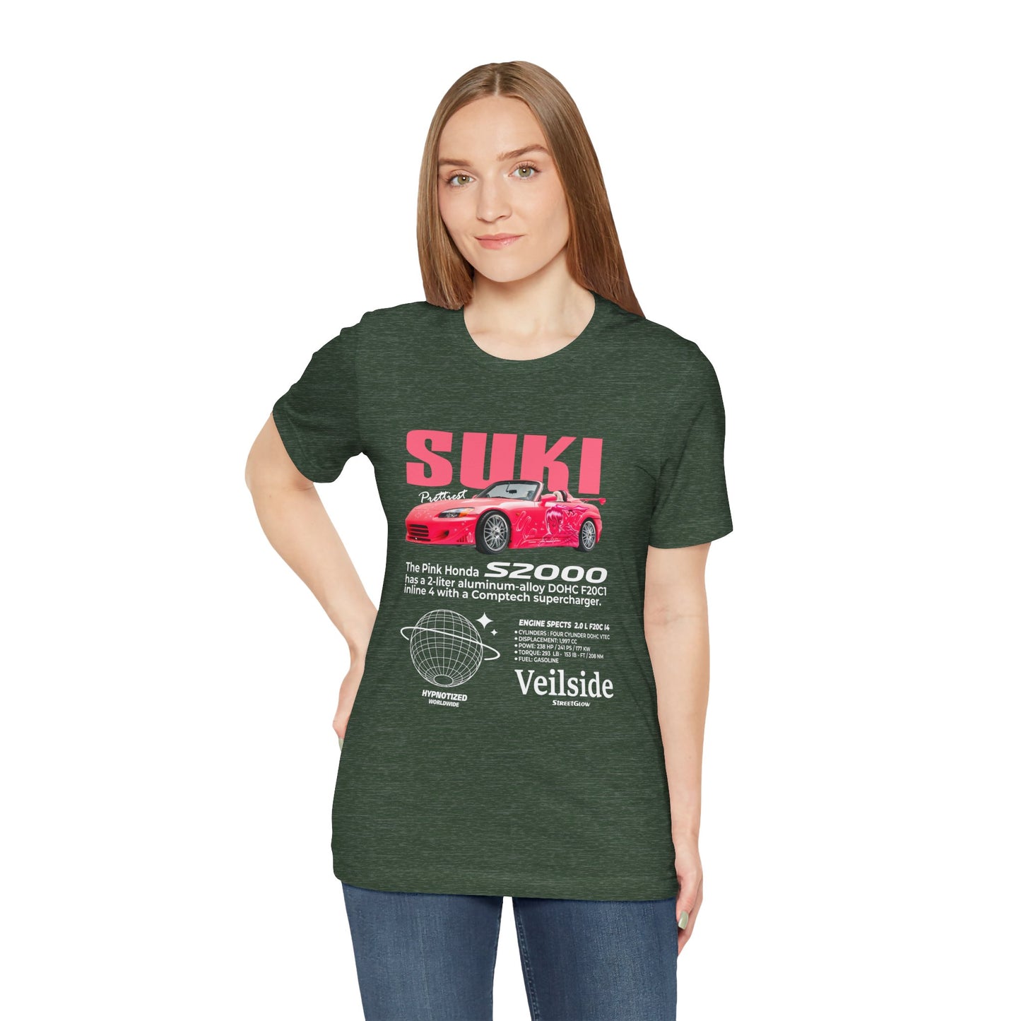 T-Shirt Unisex Graphic Tee - Suki's Pink Honda S2000 Design, Fast Car Anime T-Shirt, Retro Japanese by Bella+Canvas