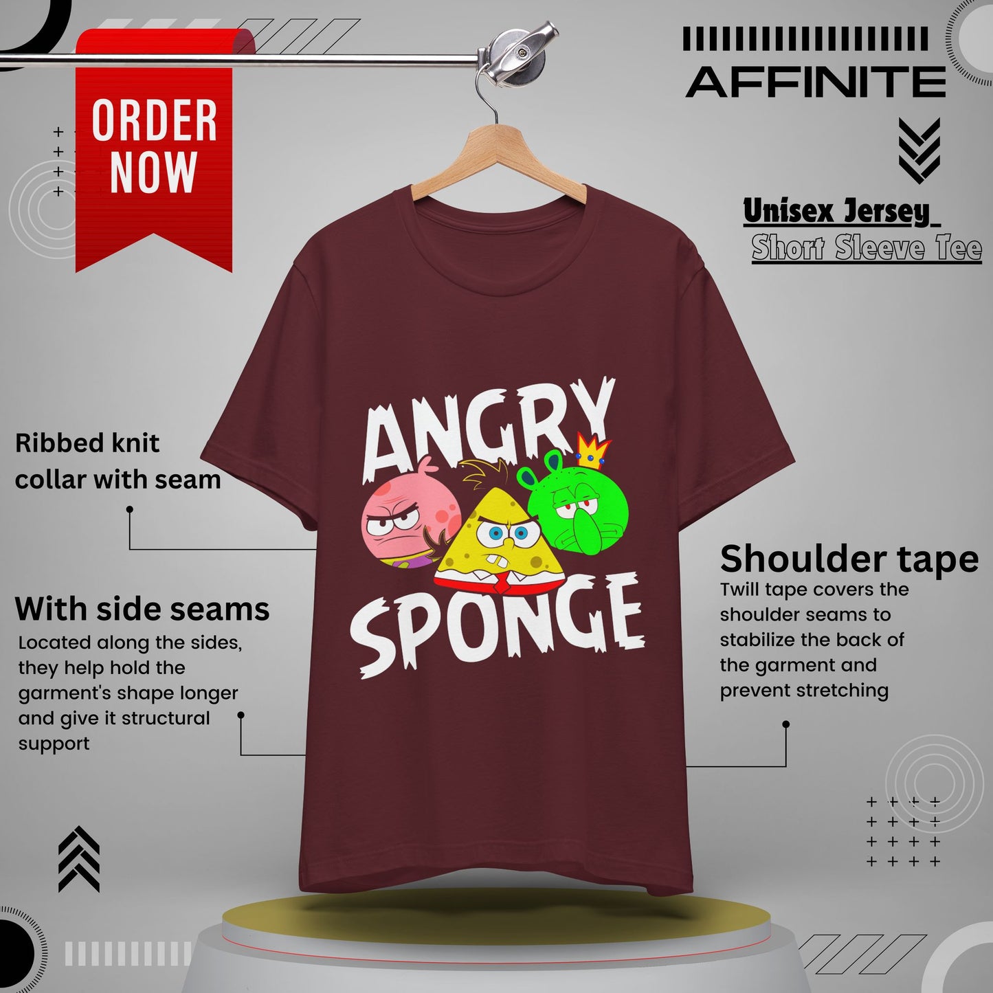 T-Shirt Angry Sponge T-Shirt - Funny Graphic Tee for Gamers (Unisex Cotton) Maroon