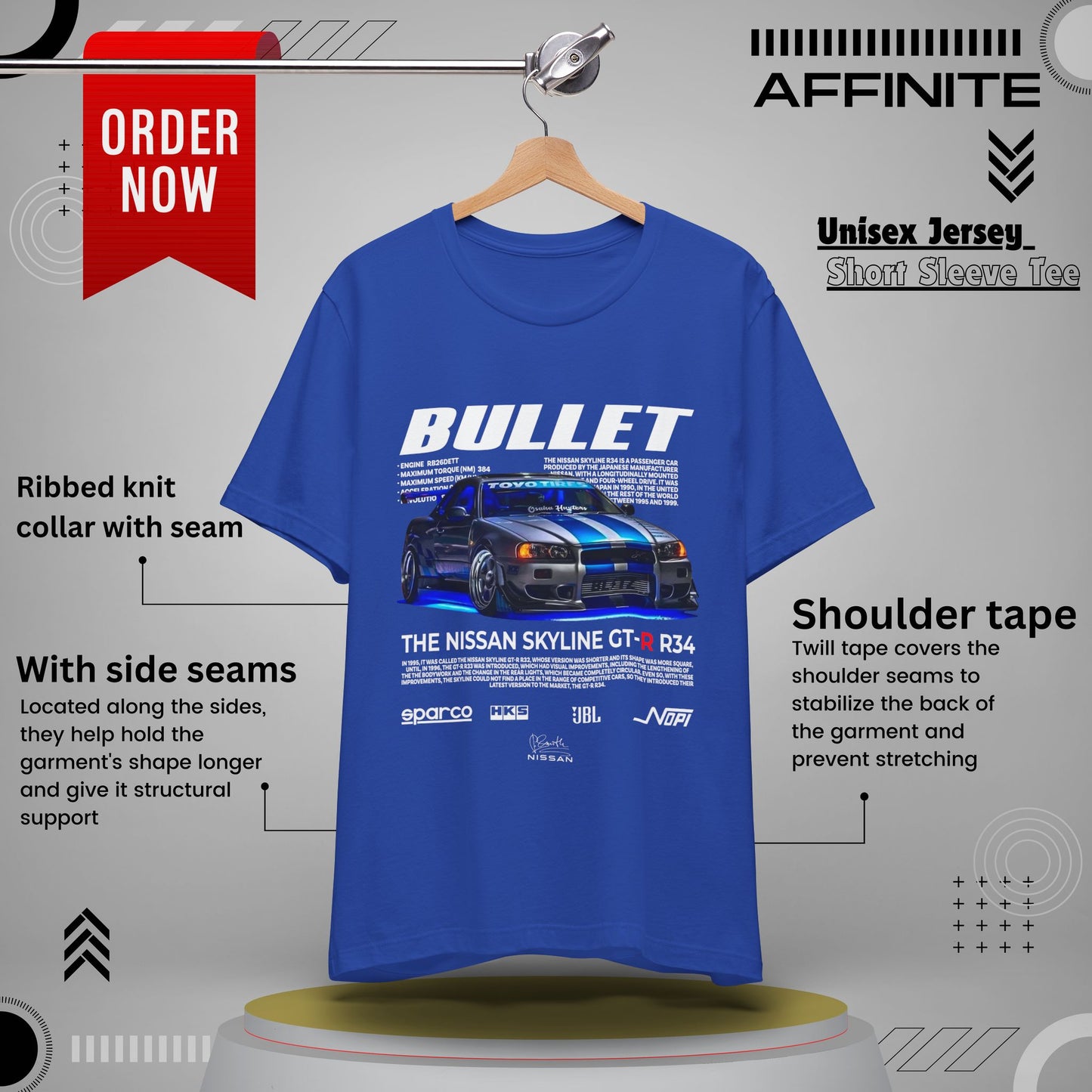 T-Shirt Nissan Skyline GT-R R34 Graphic Tee – Unisex Car Enthusiast T-Shirt – JDM Racing Gift for Him or Her True Royal