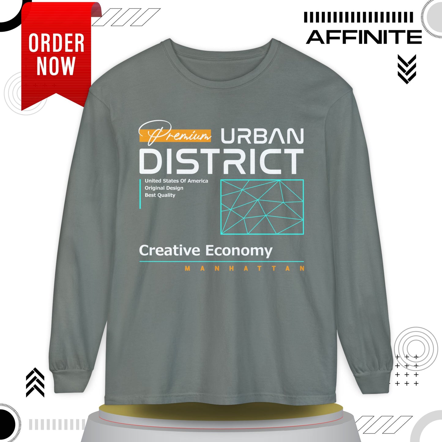 Long-sleeve Urban District Long Sleeve T-Shirt - Vintage Graphic Tee, Casual Wear, Creative Economy, Unisex Fashion, Gift for Art Lovers Grey