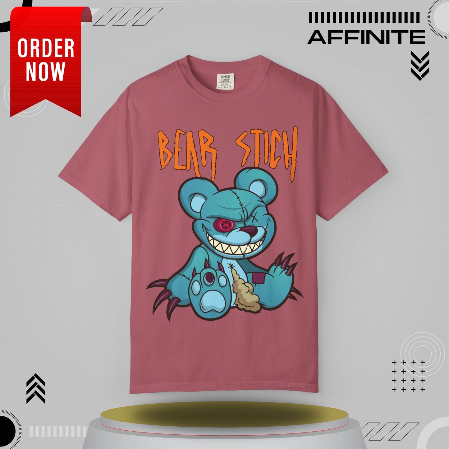 T-Shirt Bear Stick T-Shirt - Fun Garment-Dyed Graphic Tee (S-4XL) | Comfort Colors® Crimson