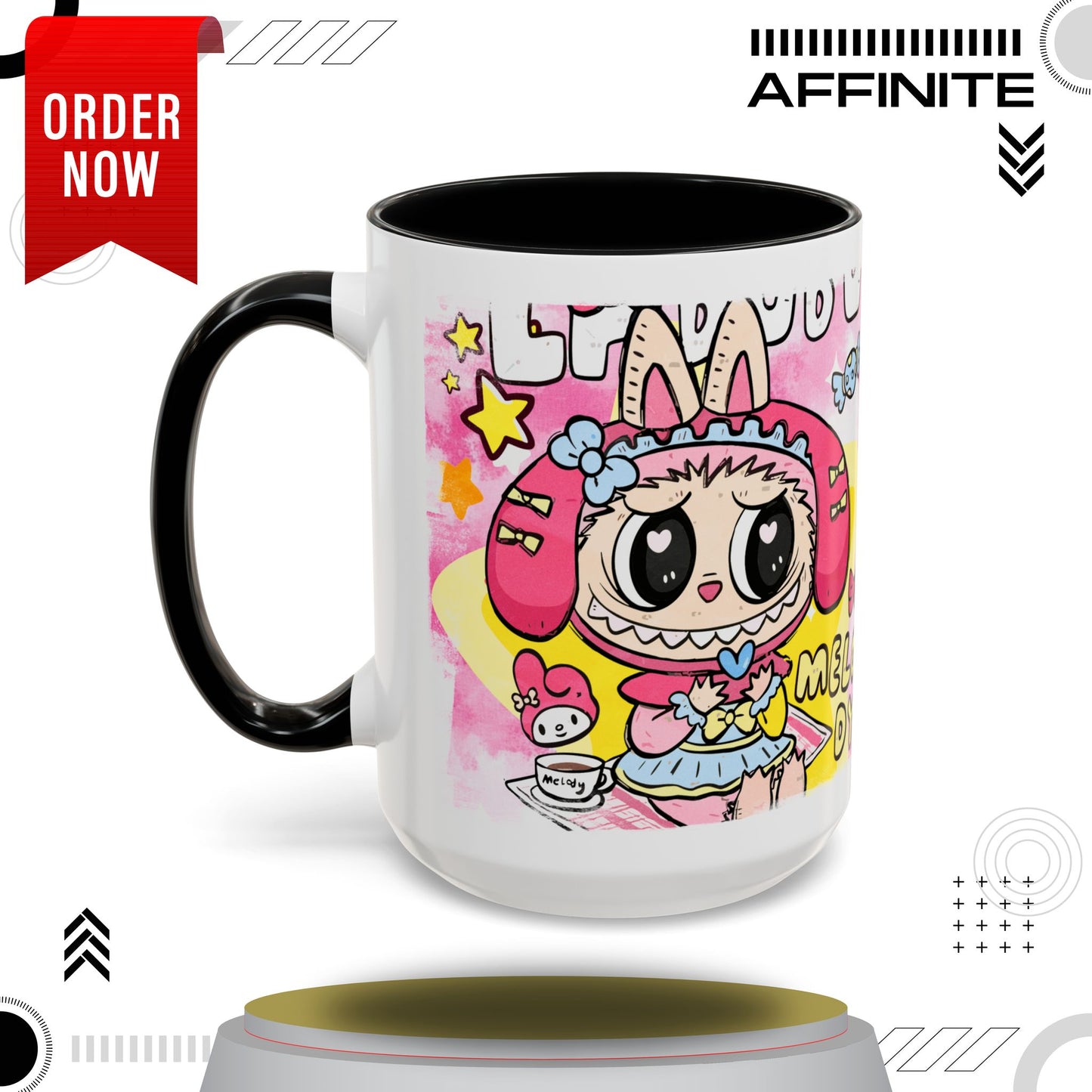 Mug Labubu Themed Accent Coffee Mug - Colorful & Whimsical Design for Kids and Collectors 15oz Black