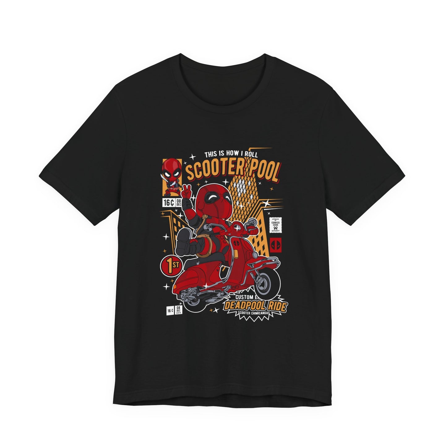T-Shirt Deadpool Scooter Short Sleeve Tee – Fun, Unisex Graphic T-Shirt for Fans