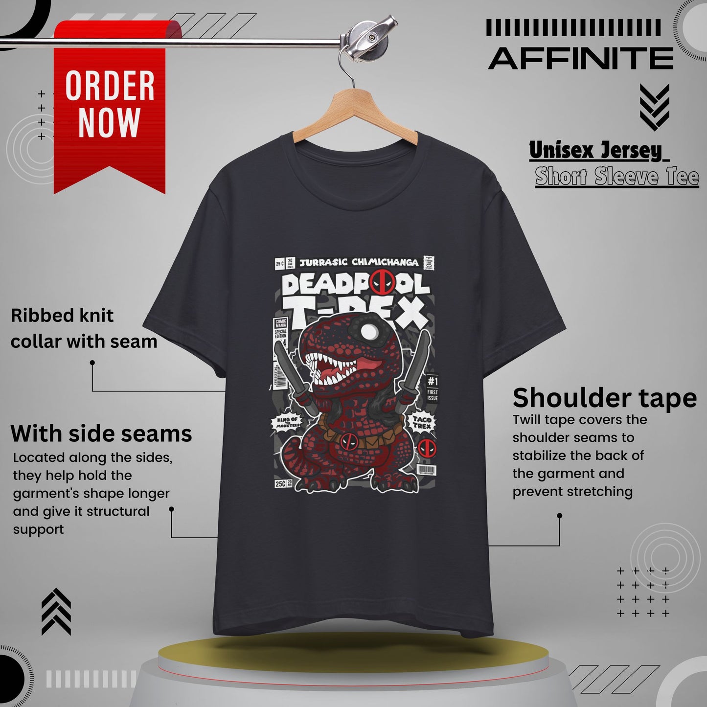 T-Shirt Deadpool T-Rex Unisex Jersey Tee - Fun Graphic T-Shirt for Comic Fans - Jurassic Chichanga Dark Grey