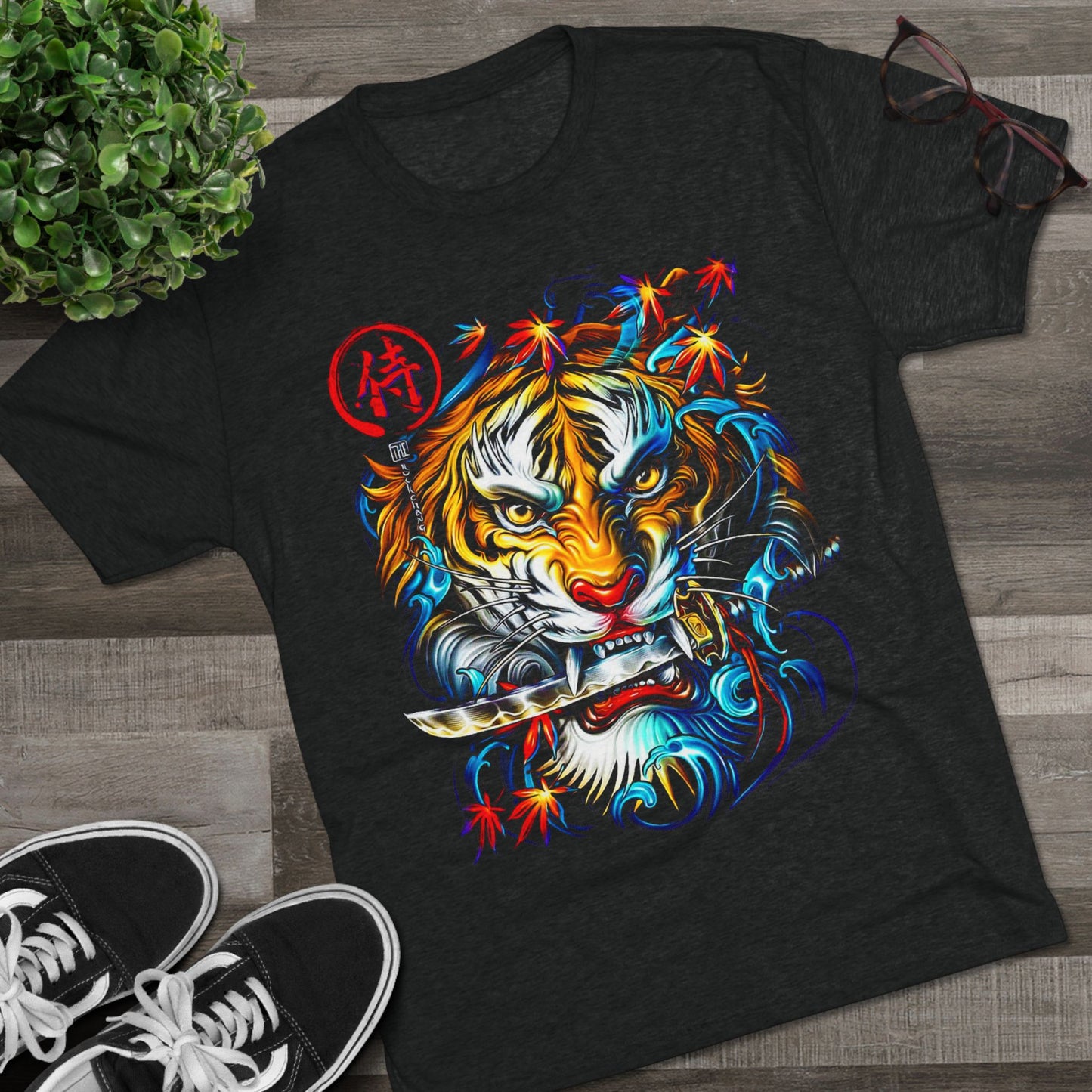 T-Shirt Cotton Graphic Tee - Fearless Tiger Tri-Blend Crew (Unisex) Tri-Blend Vintage Black