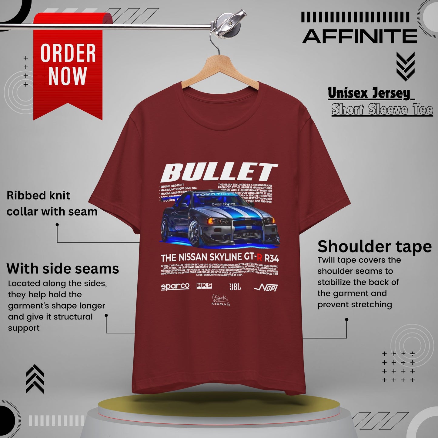 T-Shirt Nissan Skyline GT-R R34 Graphic Tee – Unisex Car Enthusiast T-Shirt – JDM Racing Gift for Him or Her Cardinal