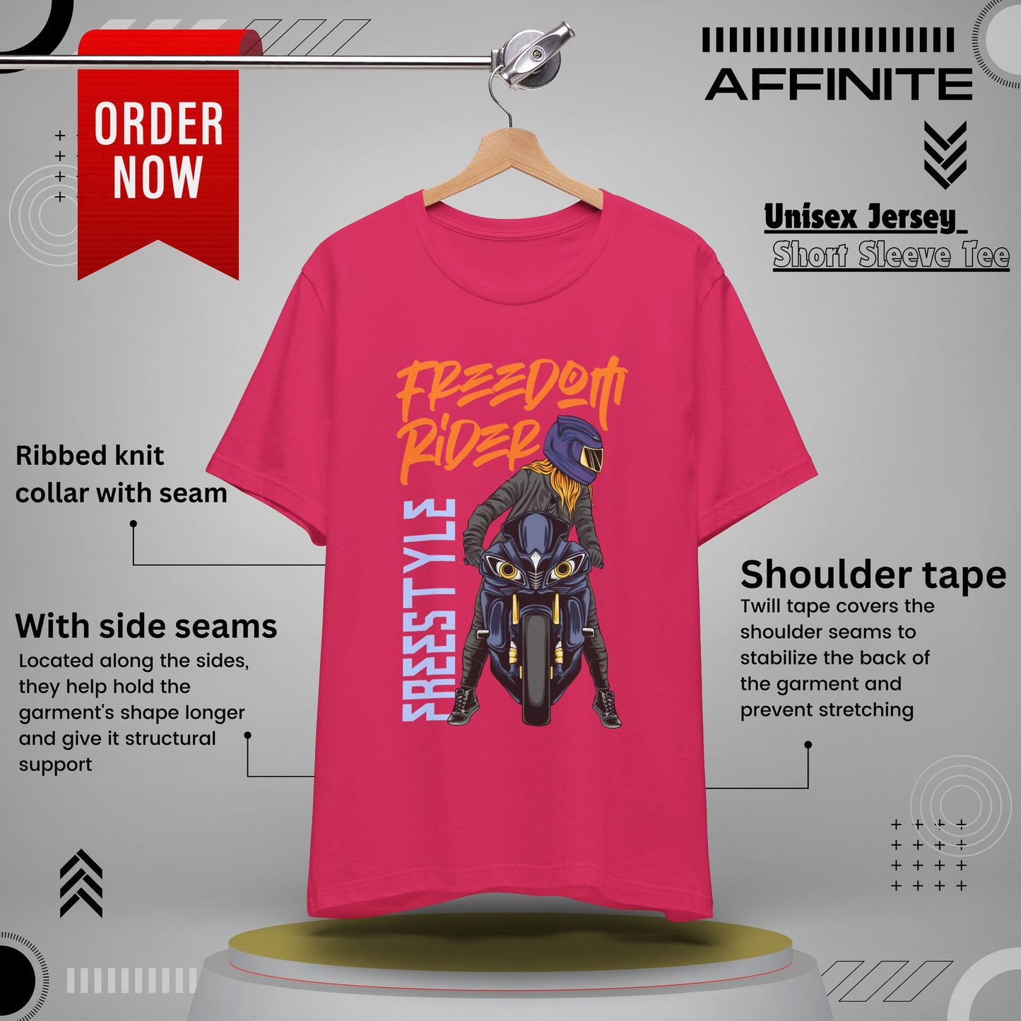 T-Shirt Freedom Rider Motorbike Unisex Short Sleeve Tee - Stylish & Bold Biker Tee Fuchsia