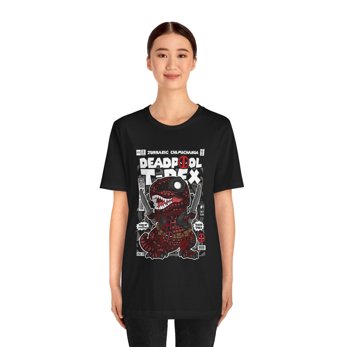 T-Shirt Deadpool T-Rex Unisex Jersey Tee - Fun Graphic T-Shirt for Comic Fans - Jurassic Chichanga