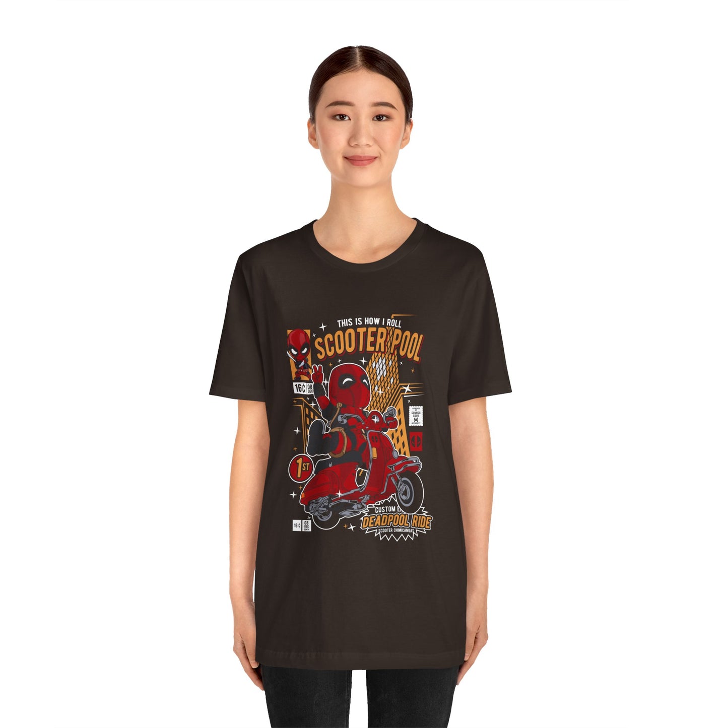 T-Shirt Deadpool Scooter Short Sleeve Tee – Fun, Unisex Graphic T-Shirt for Fans