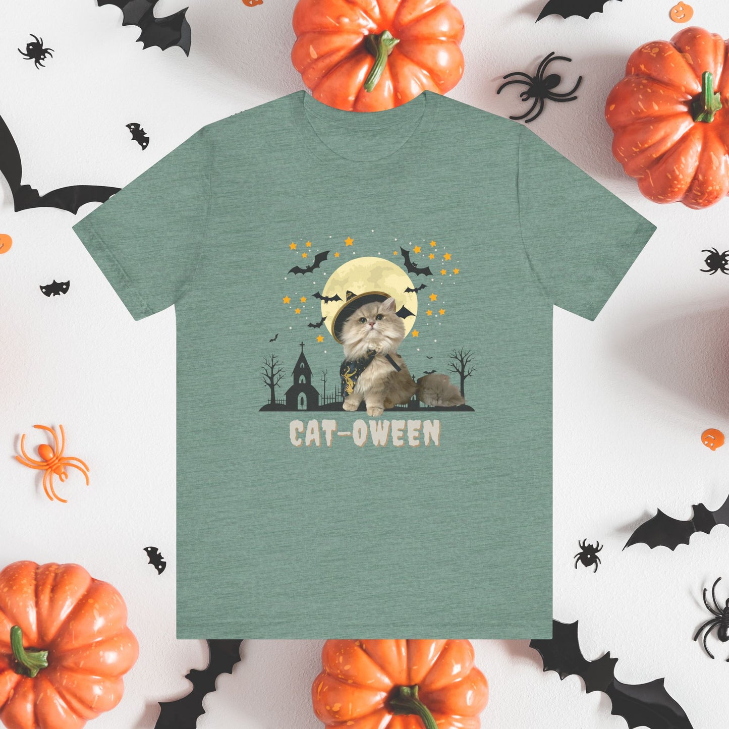 T-Shirt Unisex Halloween Cat Tee Good ‘Cat-oween’ – Perfect for Cat Lovers & Halloween Fans! Heather Dusty Blue