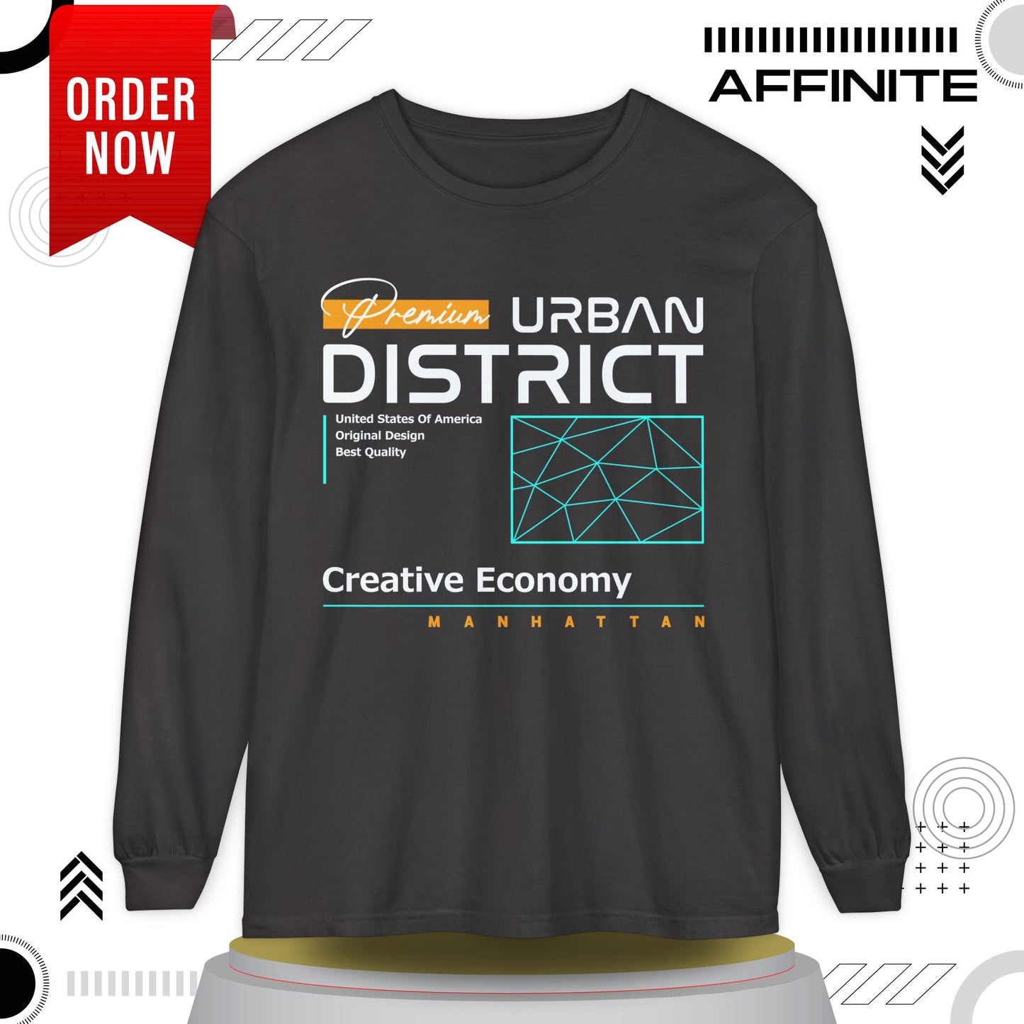 Long-sleeve Urban District Long Sleeve T-Shirt - Vintage Graphic Tee, Casual Wear, Creative Economy, Unisex Fashion, Gift for Art Lovers Graphite