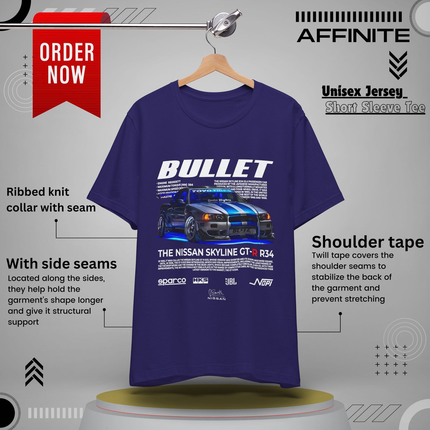 T-Shirt Nissan Skyline GT-R R34 Graphic Tee – Unisex Car Enthusiast T-Shirt – JDM Racing Gift for Him or Her Team Navy