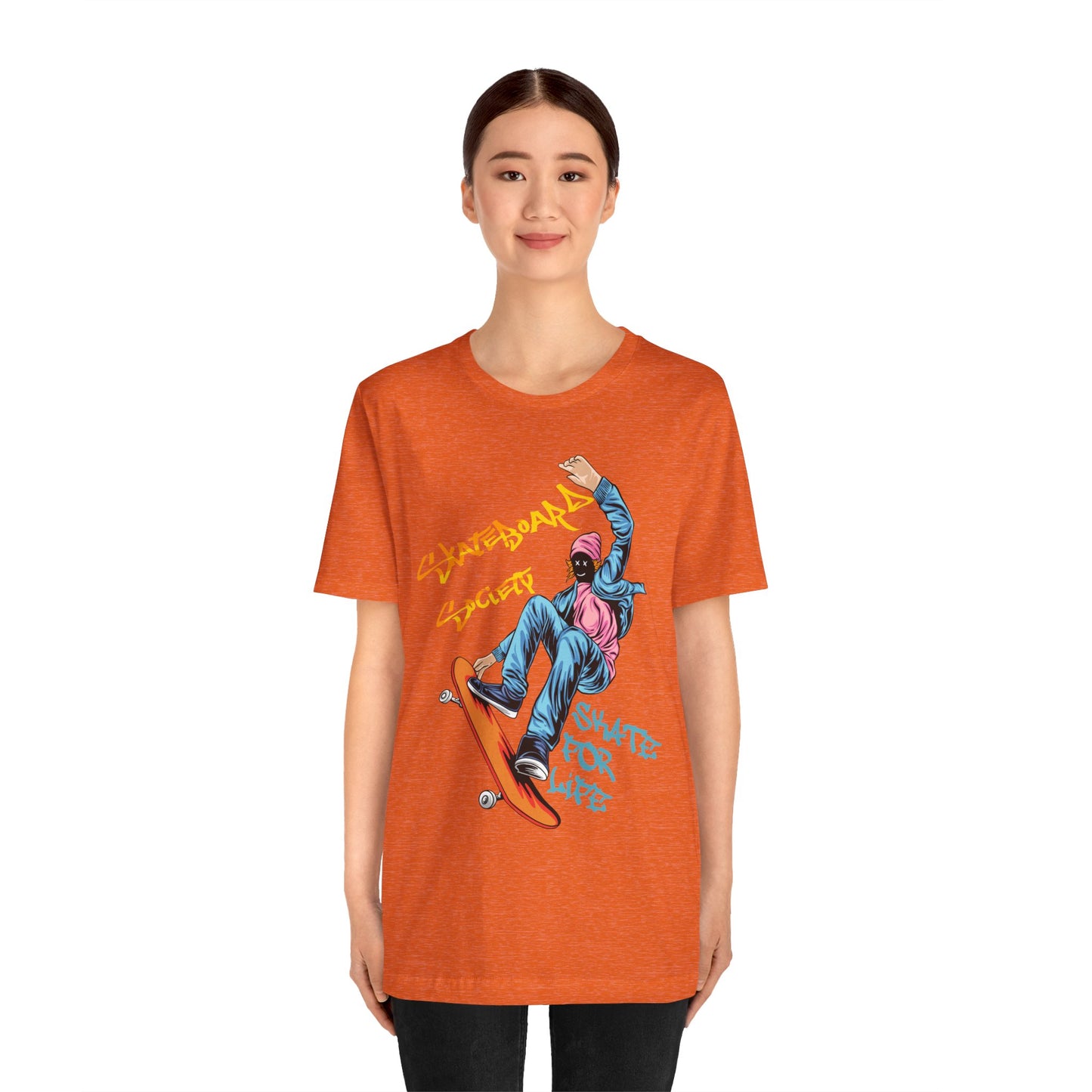 T-Shirt Skateboard Society Unisex Tee - Vibrant Orange Graphic T-Shirt for Skate Enthusiasts