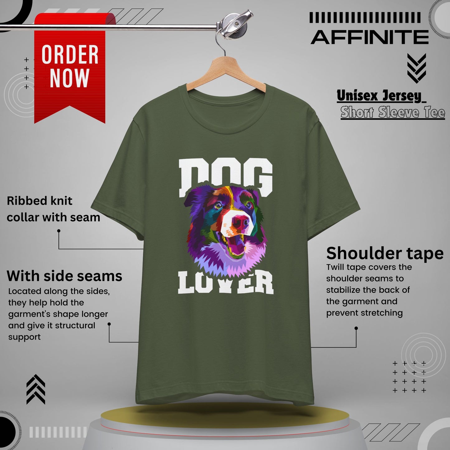 T-Shirt Unisex Dog Lover Shirt | Graphic T-Shirt with Dog Design and 'Dog Lover' Text Military Green