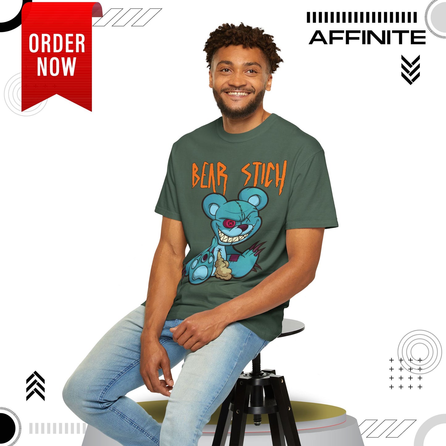 T-Shirt Bear Stick T-Shirt - Fun Garment-Dyed Graphic Tee (S-4XL) | Comfort Colors® Blue Spruce