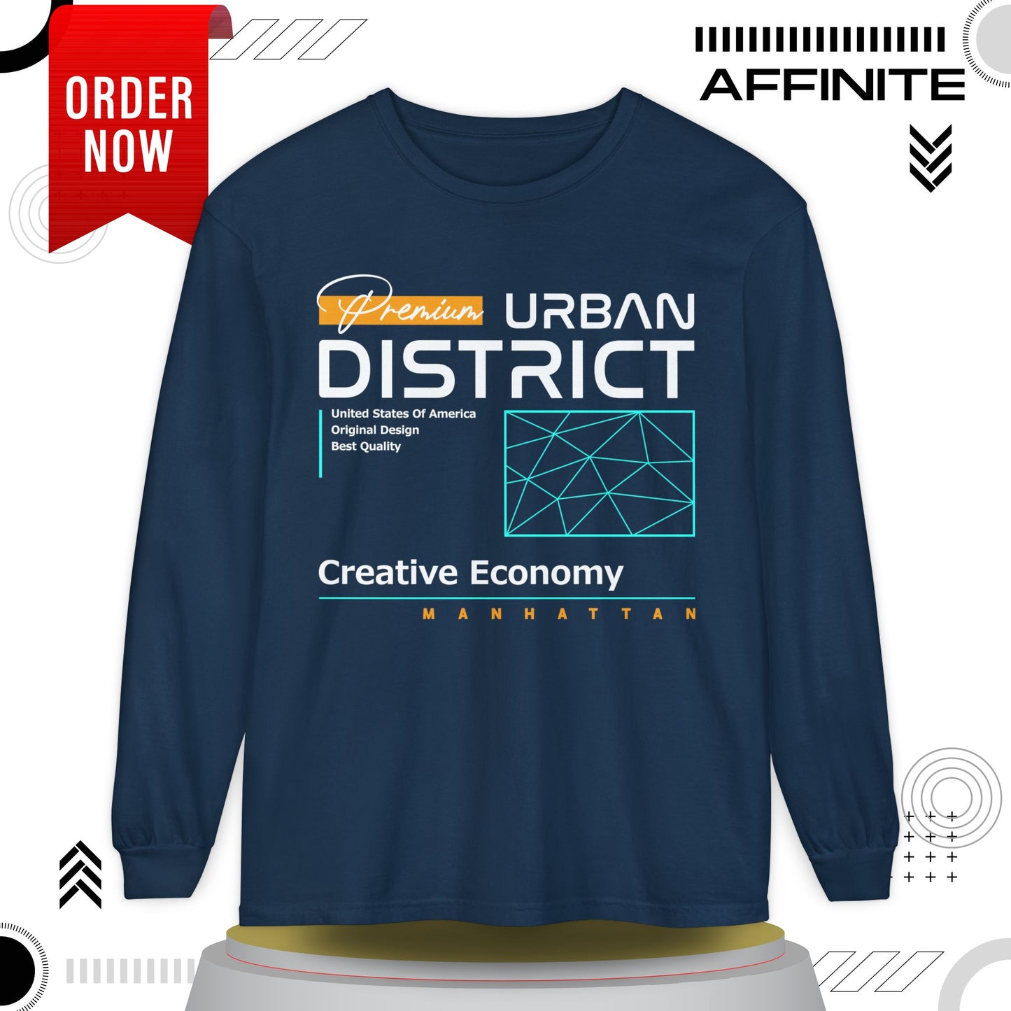 Long-sleeve Urban District Long Sleeve T-Shirt - Vintage Graphic Tee, Casual Wear, Creative Economy, Unisex Fashion, Gift for Art Lovers True Navy