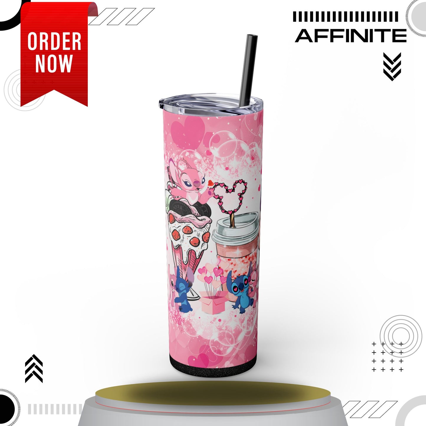 Tumblers Cute Stitch Cartoon Skinny Tumbler with Straw - 20oz - Pink Love Theme