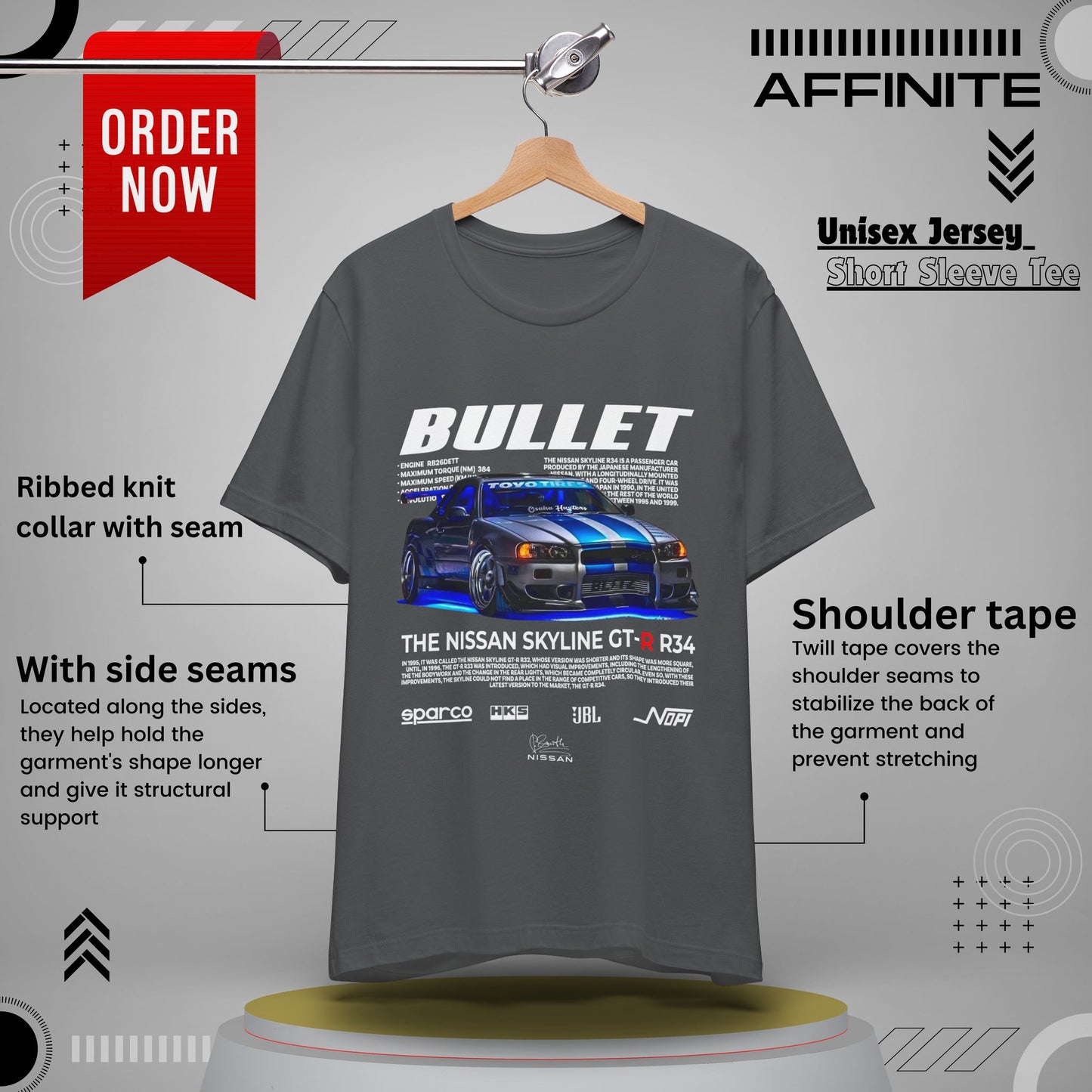 T-Shirt Nissan Skyline GT-R R34 Graphic Tee – Unisex Car Enthusiast T-Shirt – JDM Racing Gift for Him or Her Asphalt
