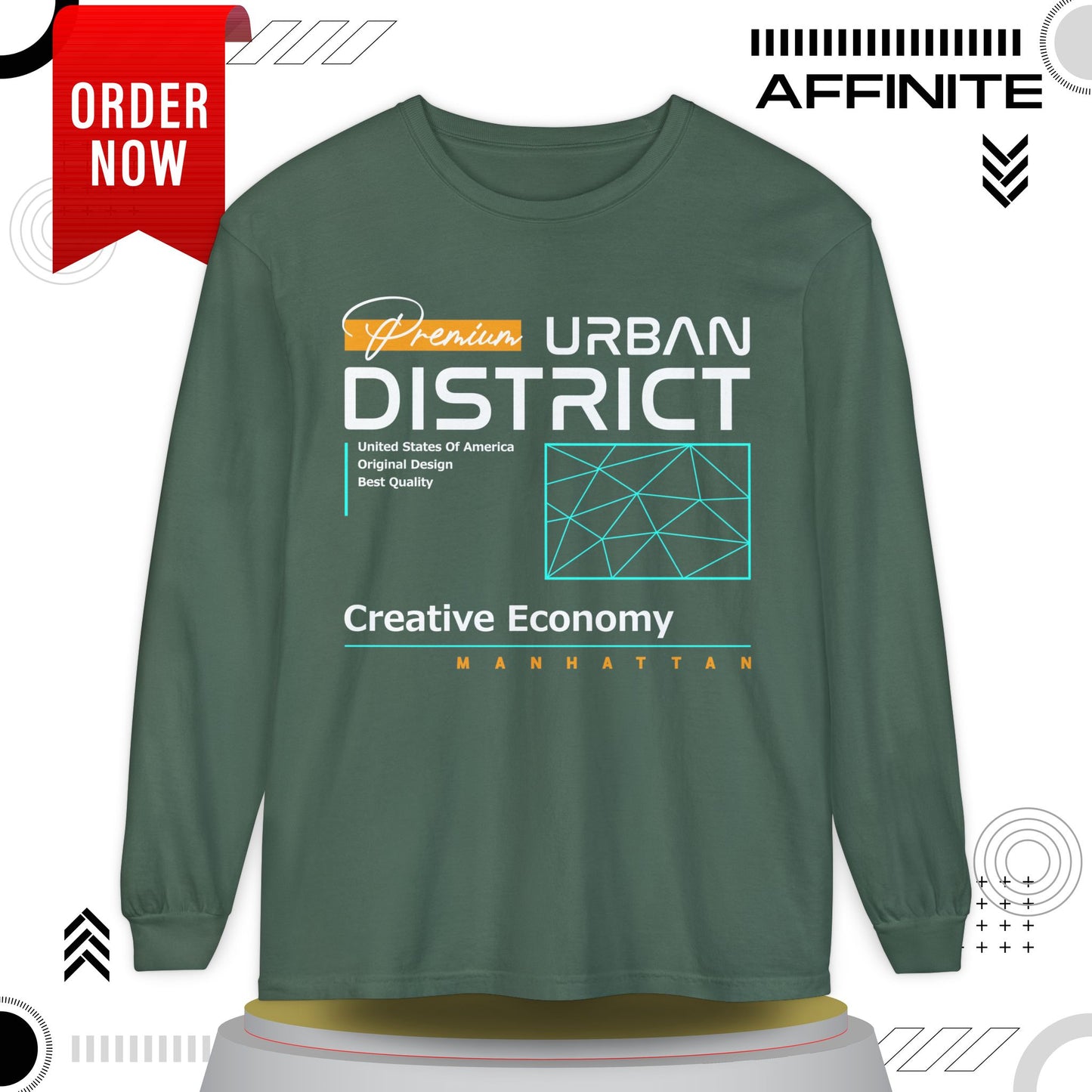 Long-sleeve Urban District Long Sleeve T-Shirt - Vintage Graphic Tee, Casual Wear, Creative Economy, Unisex Fashion, Gift for Art Lovers Blue Spruce