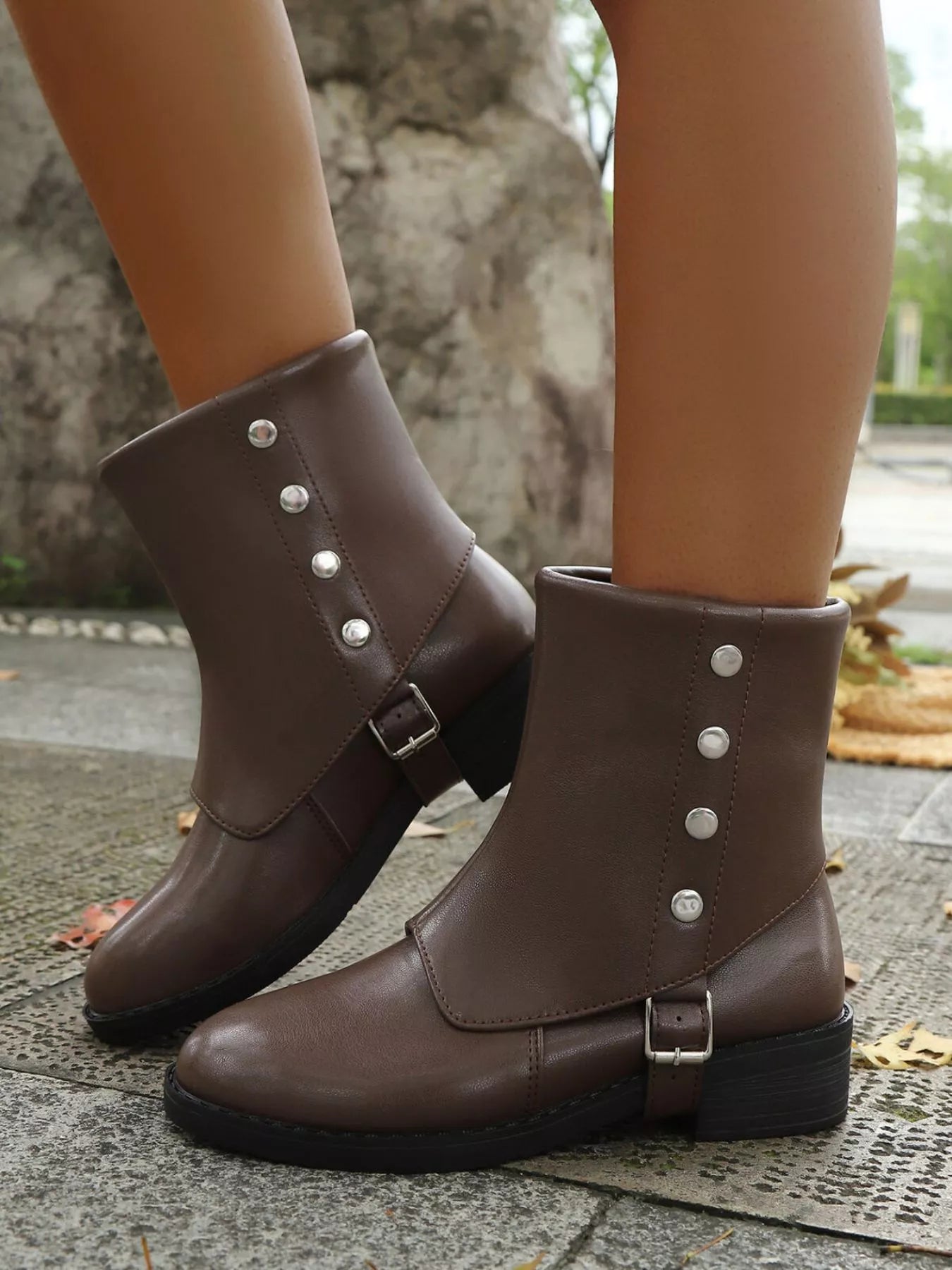 Boots Buckle Block Heels Boots | Women's Adjustable Strap Boots with Mid Heel