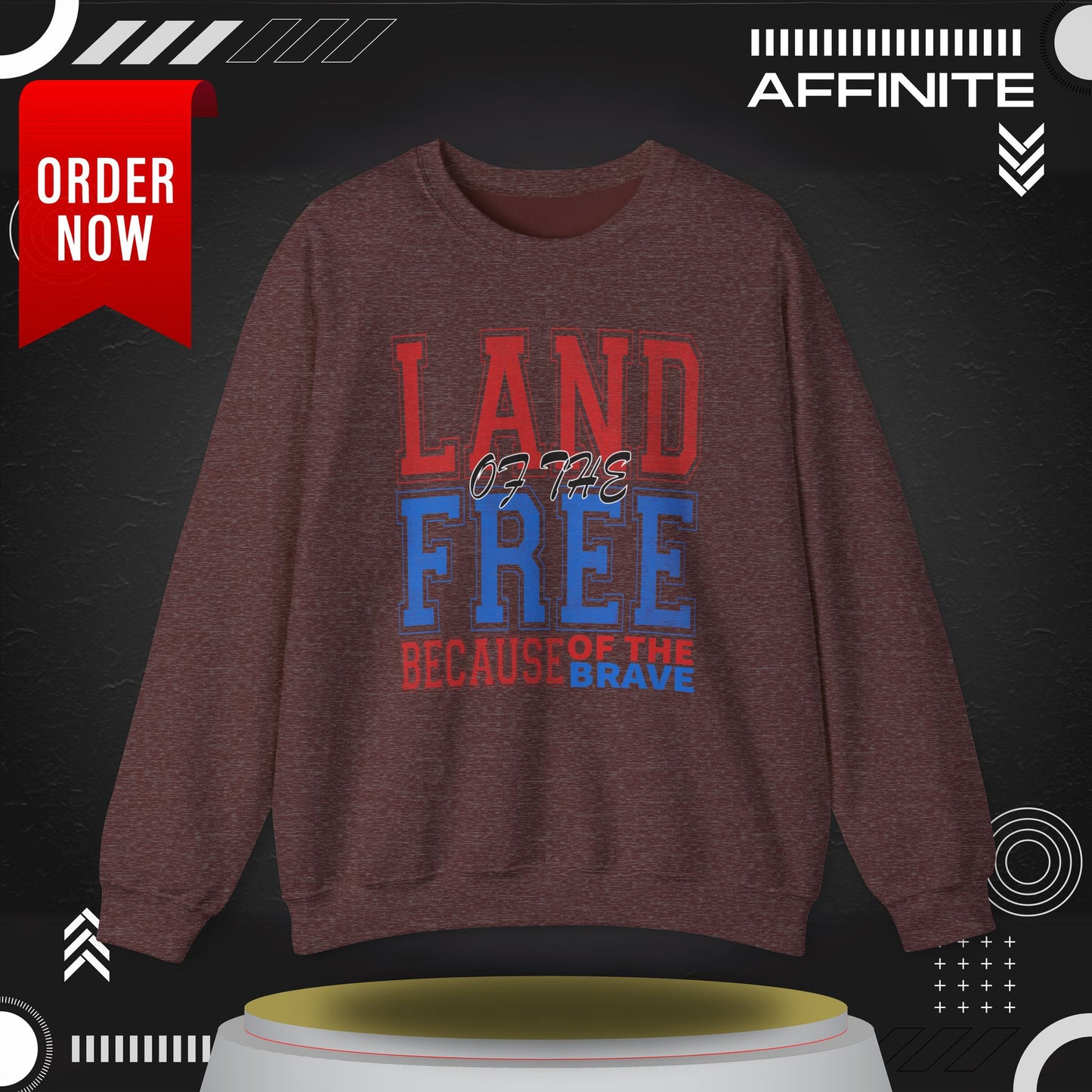 Sweatshirt Land of the Free Sweatshirt – Patriotic USA Crewneck by Gildan Heather Sport Dark Maroon