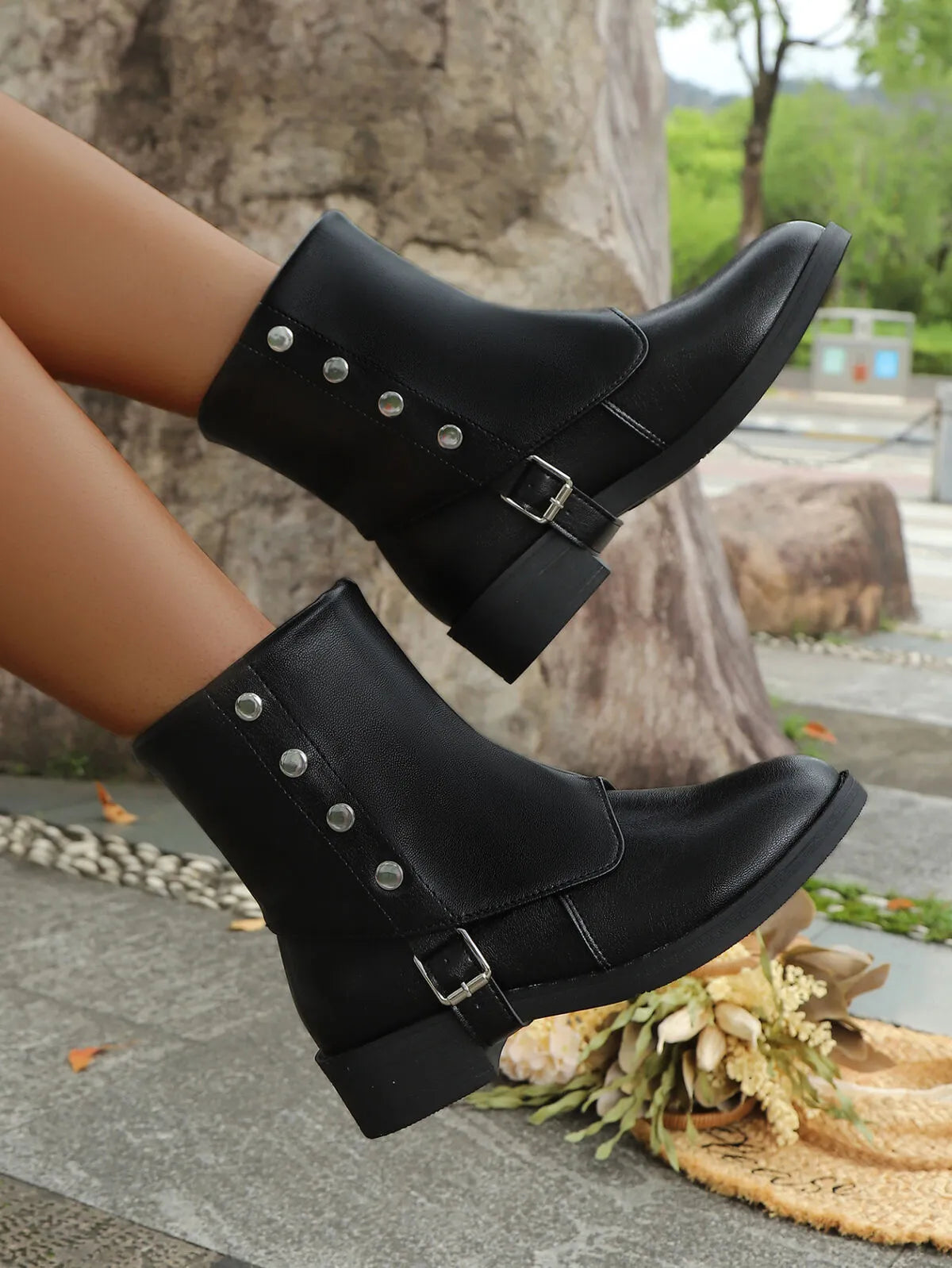 Boots Buckle Block Heels Boots | Women's Adjustable Strap Boots with Mid Heel Black