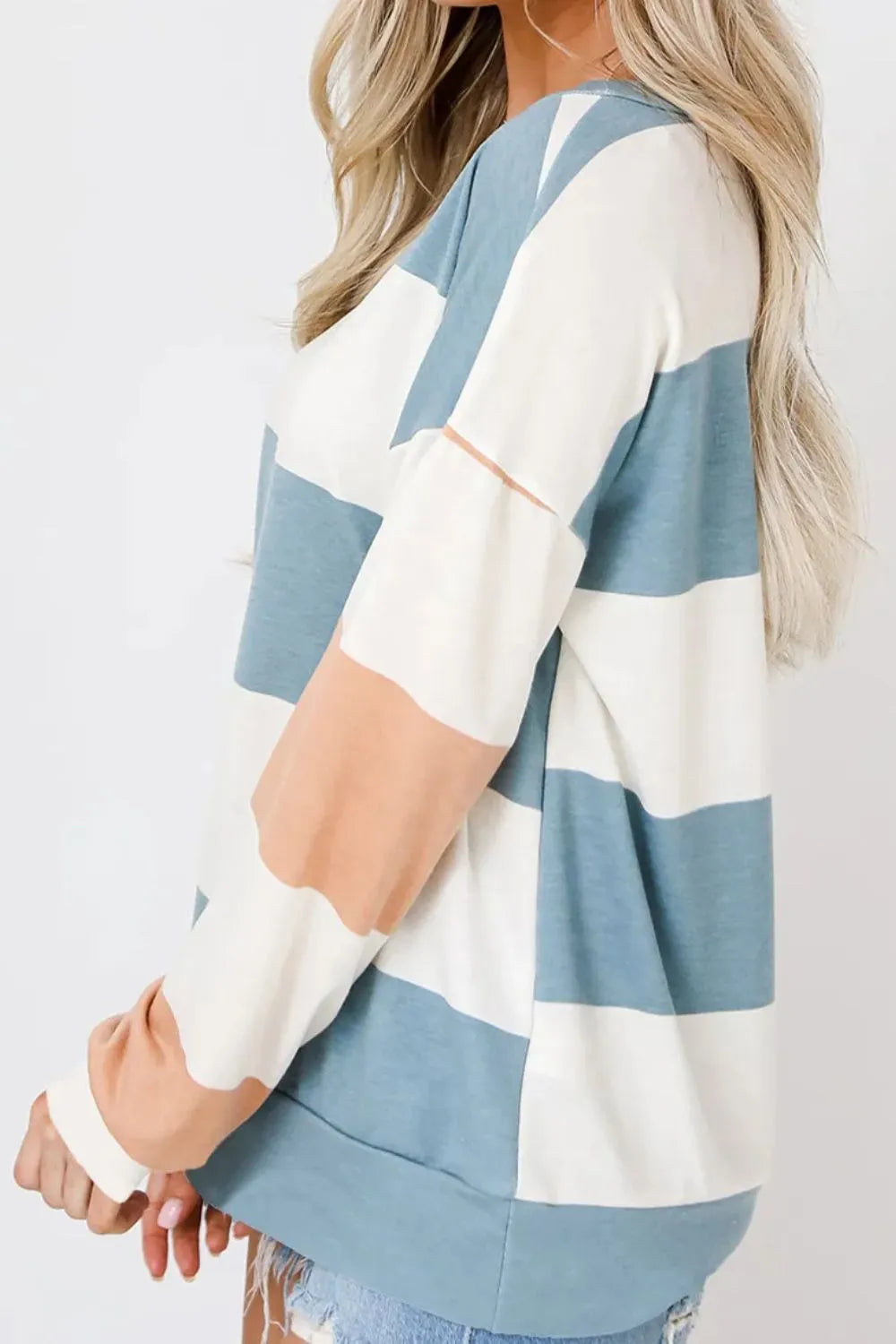 Long-sleeve Contrast Color Block Long Sleeve Top | Striped Round Neck Pullover