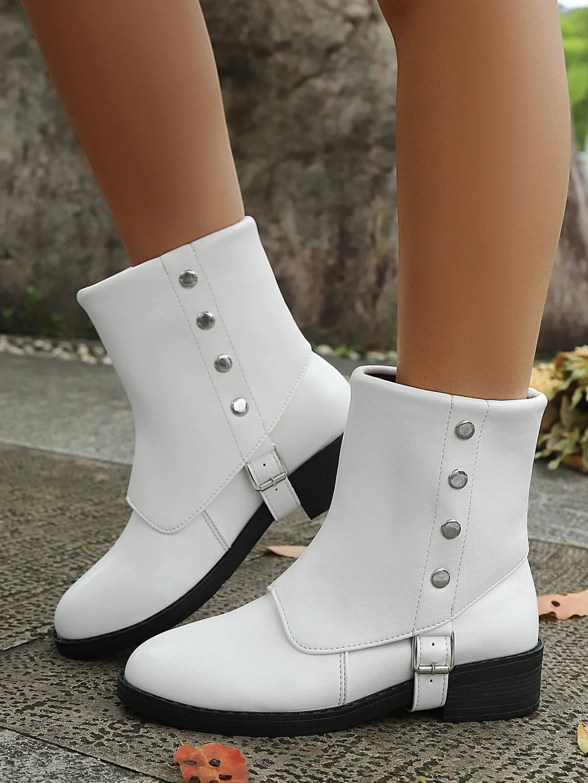Boots Buckle Block Heels Boots | Women's Adjustable Strap Boots with Mid Heel White