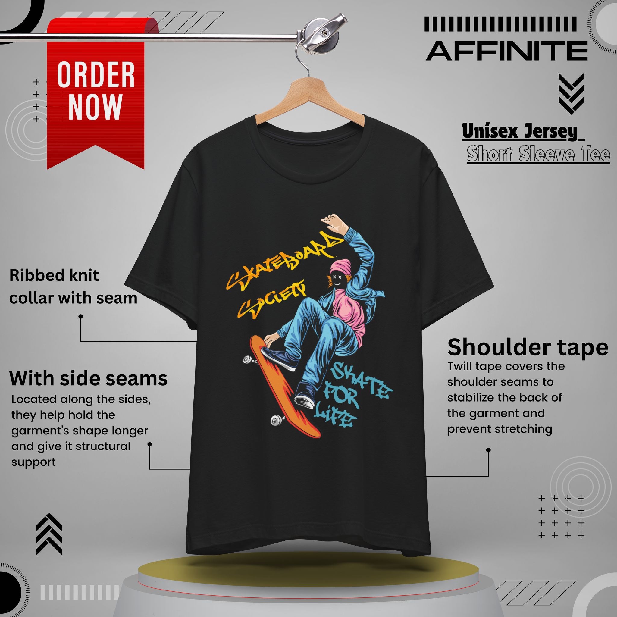 T-Shirt Skateboard Society Unisex Tee - Vibrant Orange Graphic T-Shirt for Skate Enthusiasts Black