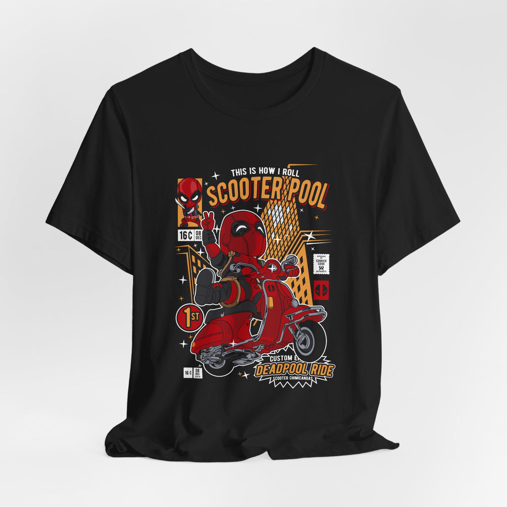 Deadpool Scooter Short Sleeve Tee – Fun, Unisex Graphic T-Shirt for Fans