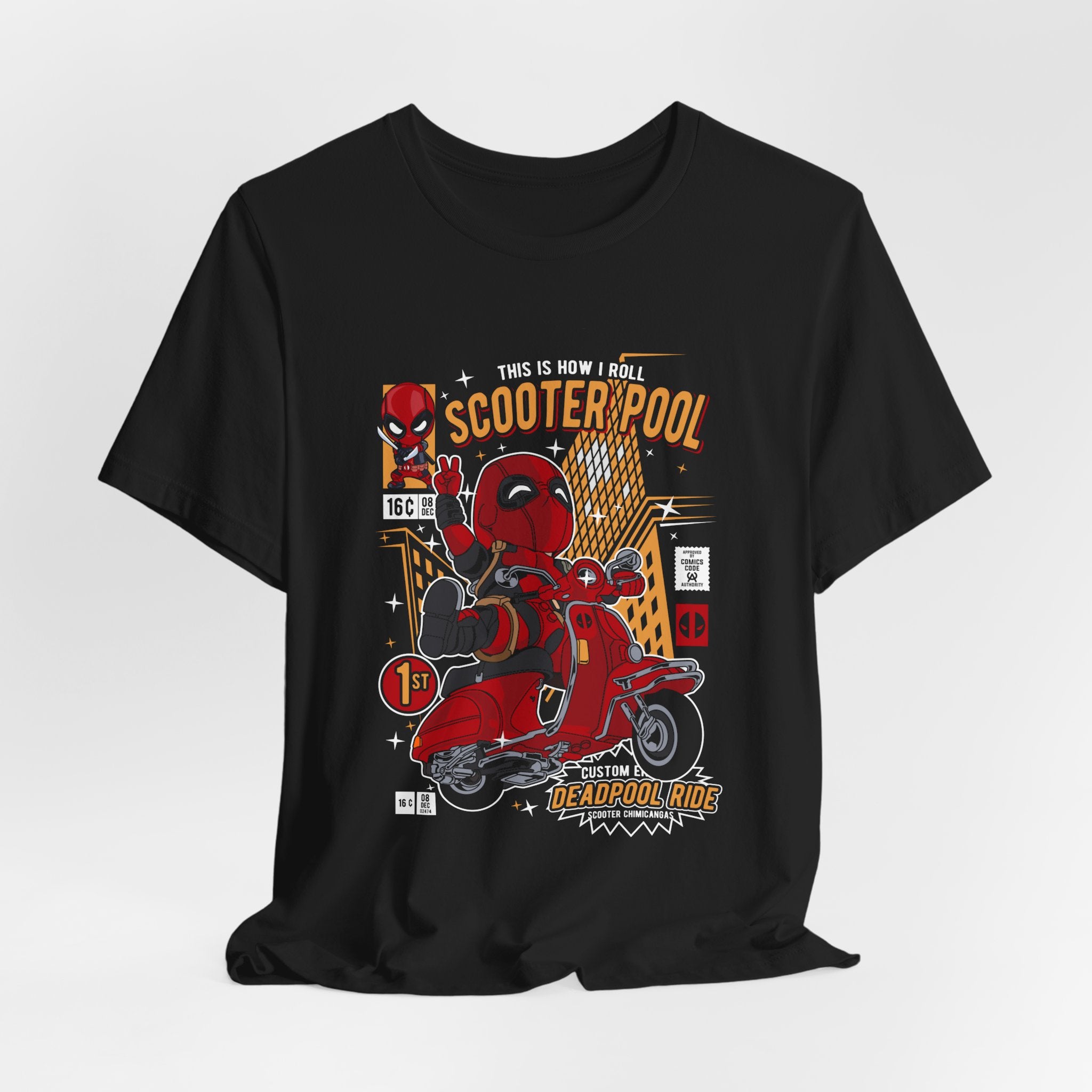 Deadpool Scooter Short Sleeve Tee – Fun, Unisex Graphic T-Shirt for Fans