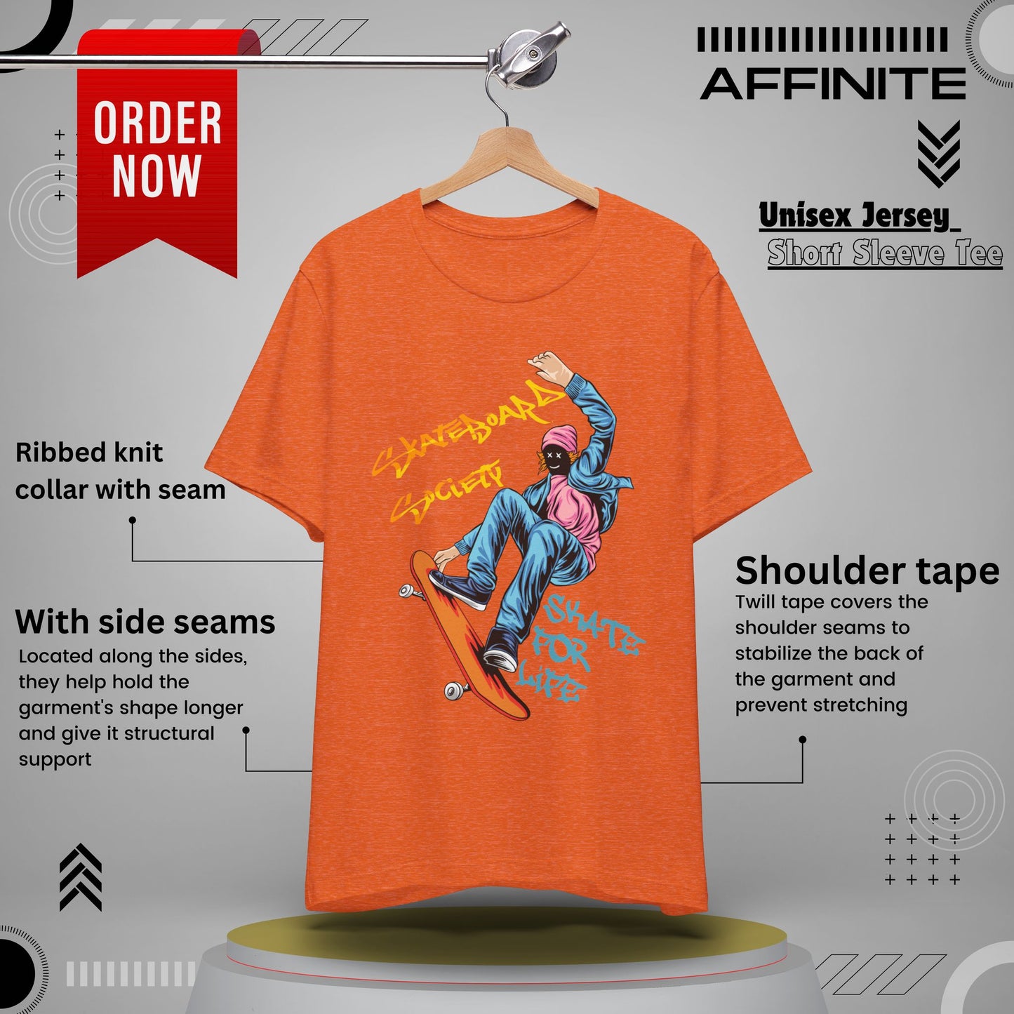 T-Shirt Skateboard Society Unisex Tee - Vibrant Orange Graphic T-Shirt for Skate Enthusiasts Heather Orange
