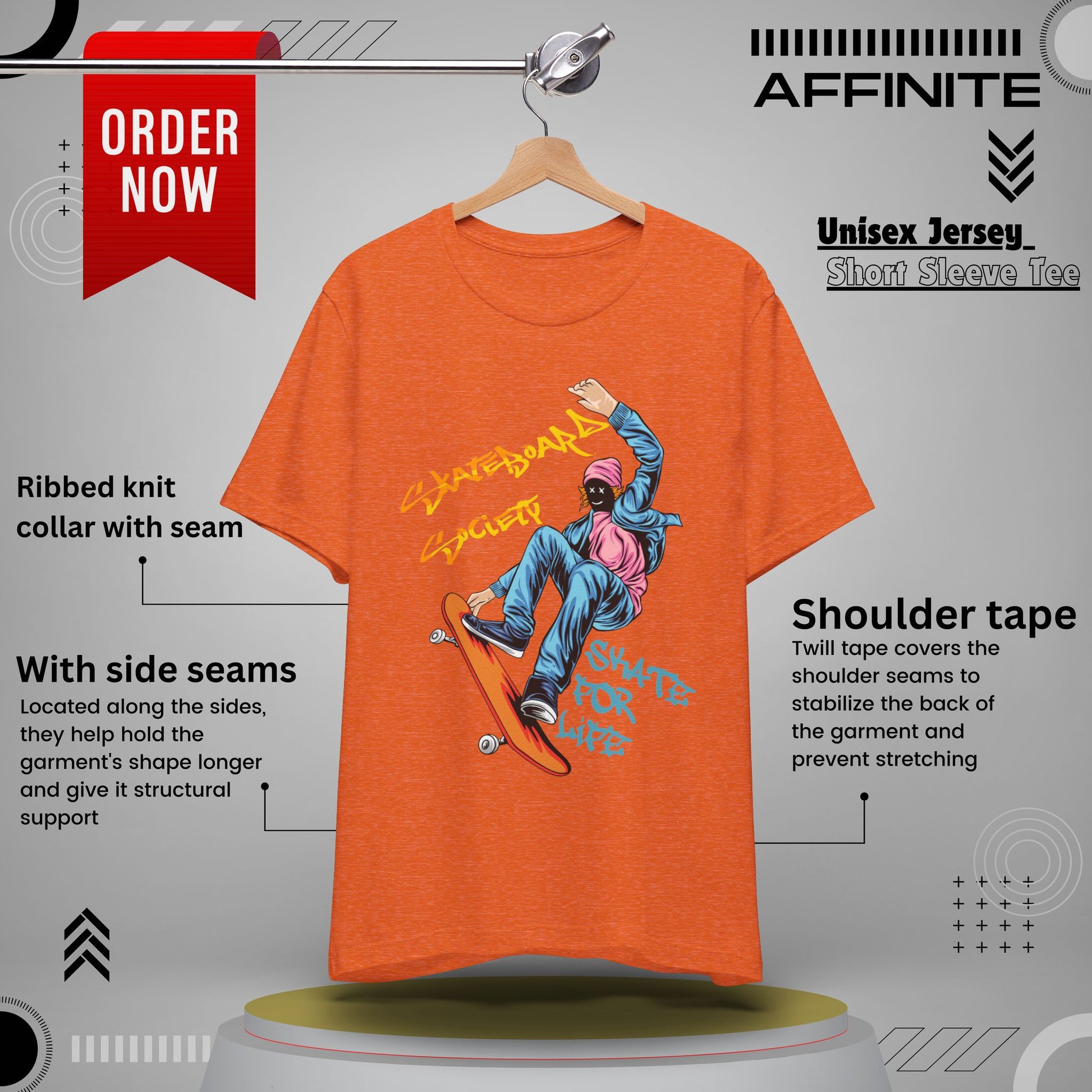 T-Shirt Skateboard Society Unisex Tee - Vibrant Orange Graphic T-Shirt for Skate Enthusiasts Heather Orange