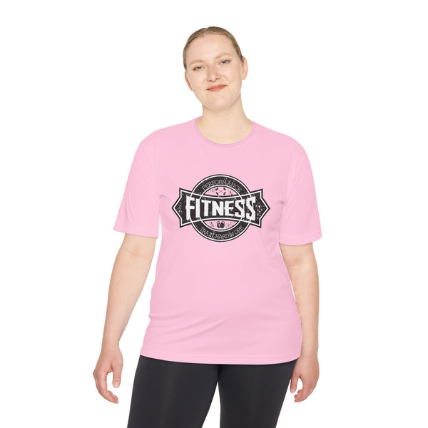 Women wearing pink moisture wicking fitness shirt
