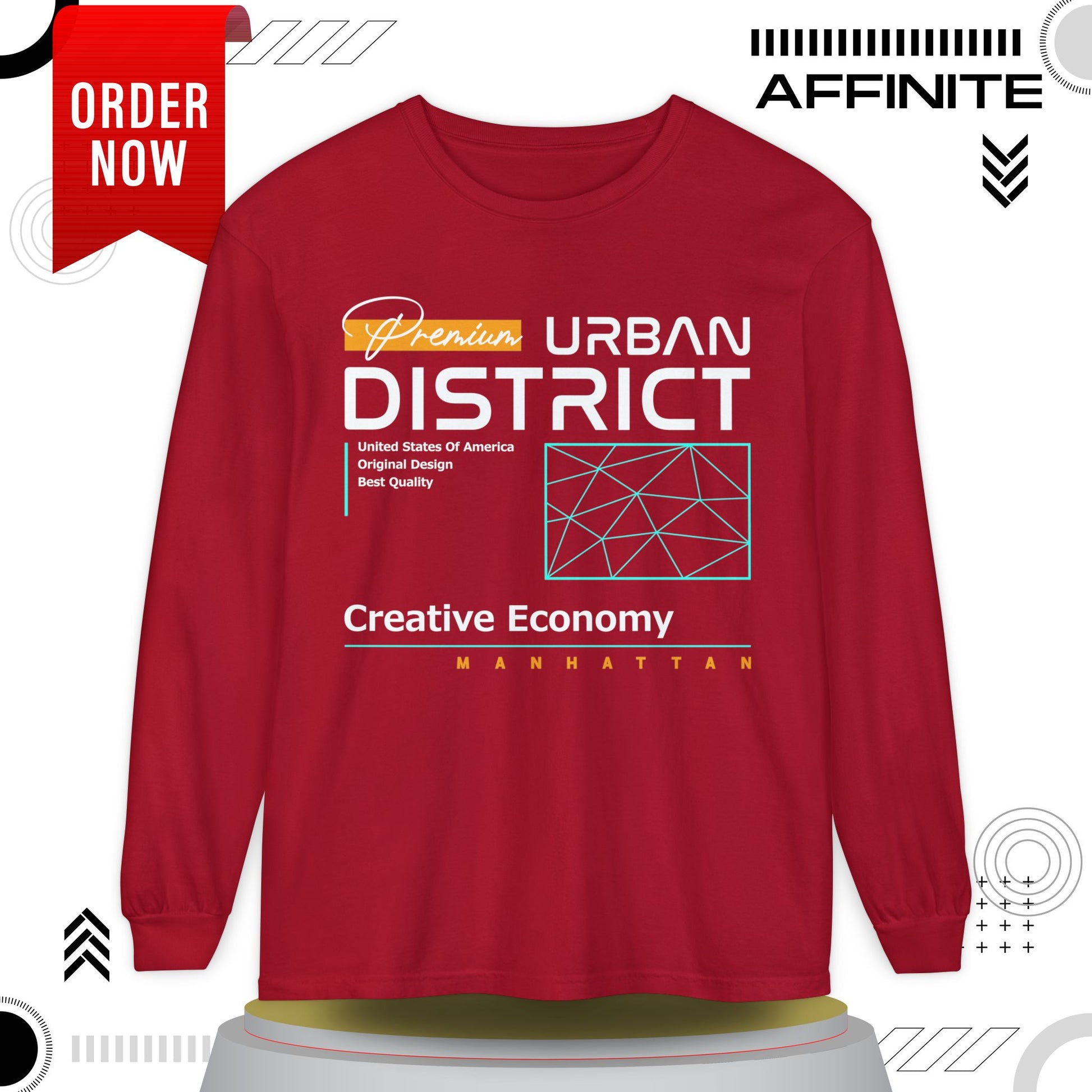 Long-sleeve Urban District Long Sleeve T-Shirt - Vintage Graphic Tee, Casual Wear, Creative Economy, Unisex Fashion, Gift for Art Lovers Red