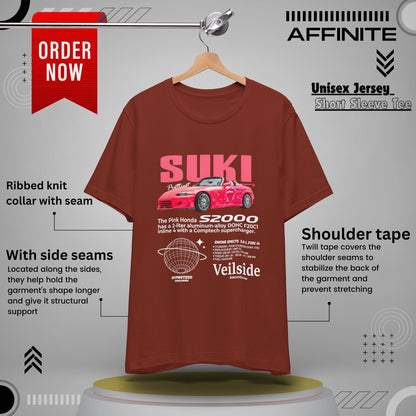 T-Shirt Unisex Graphic Tee - Suki's Pink Honda S2000 Design, Fast Car Anime T-Shirt, Retro Japanese by Bella+Canvas Rust