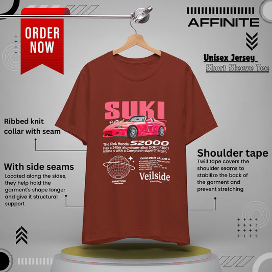 T-Shirt Unisex Graphic Tee - Suki's Pink Honda S2000 Design, Fast Car Anime T-Shirt, Retro Japanese by Bella+Canvas Rust