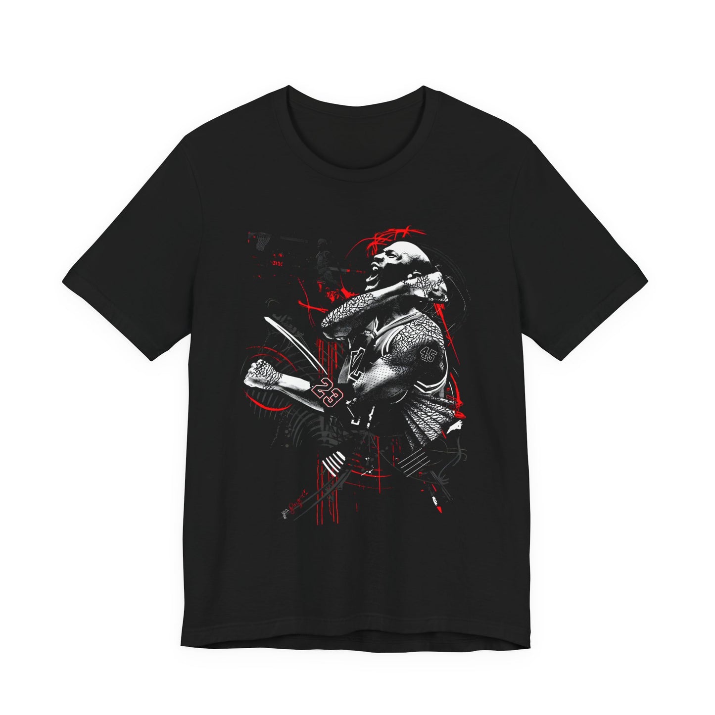 Flat front view of the Dark Warrior graphic on black tee showing full chest placement and print composition