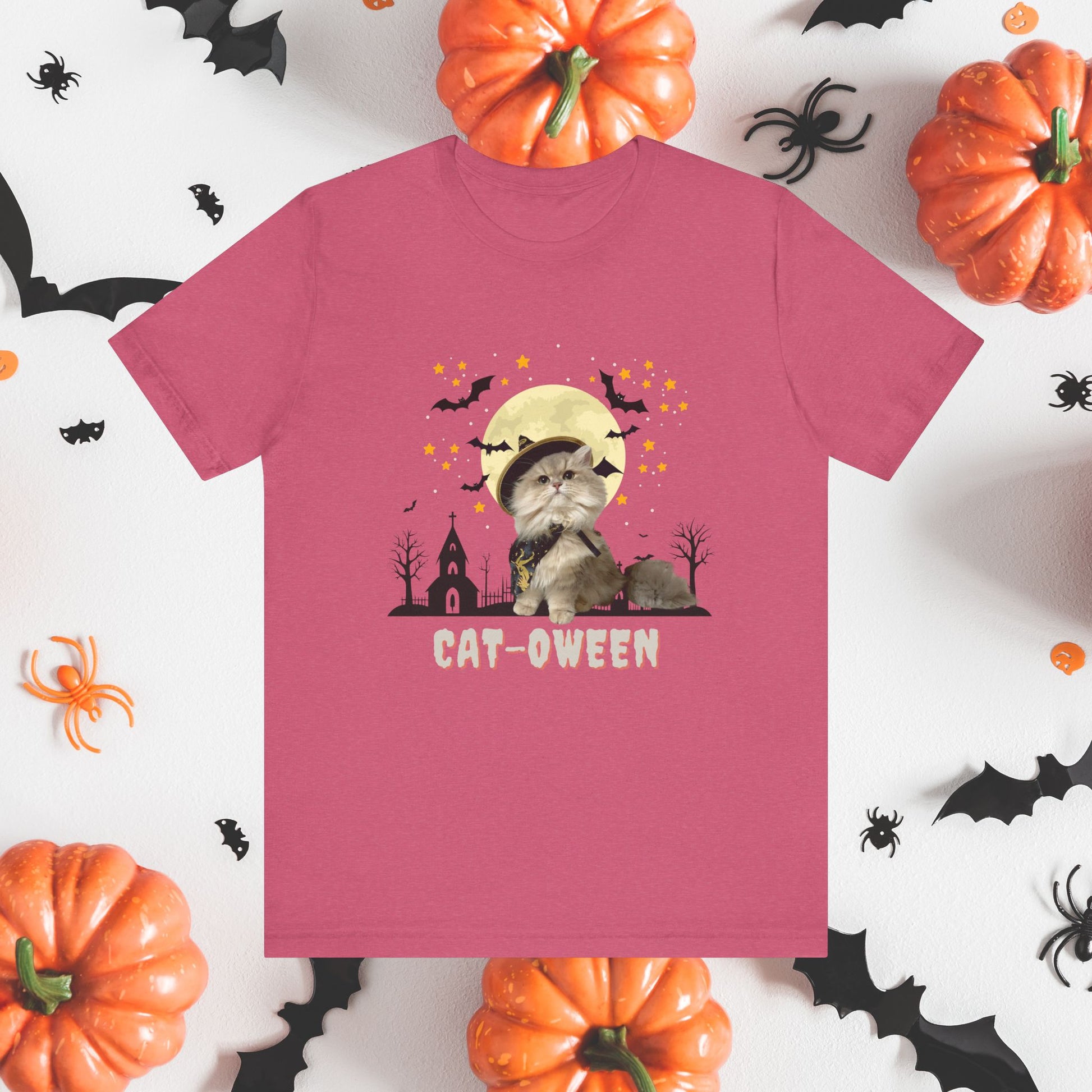 T-Shirt Unisex Halloween Cat Tee Good ‘Cat-oween’ – Perfect for Cat Lovers & Halloween Fans! Heather Raspberry
