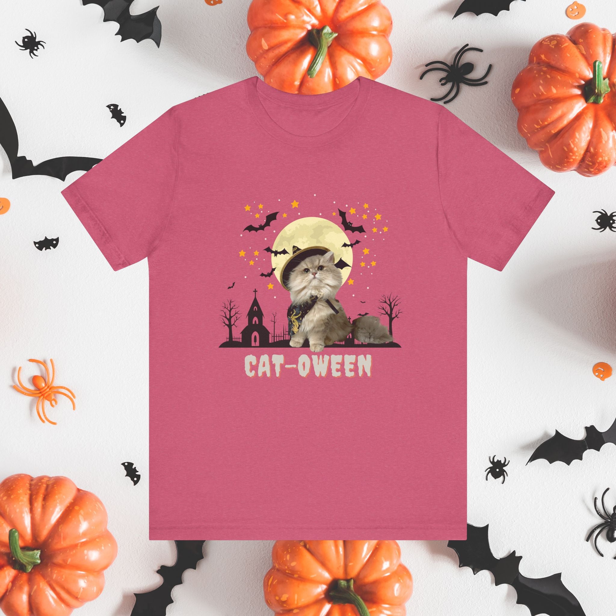 T-Shirt Unisex Halloween Cat Tee Good ‘Cat-oween’ – Perfect for Cat Lovers & Halloween Fans! Heather Raspberry