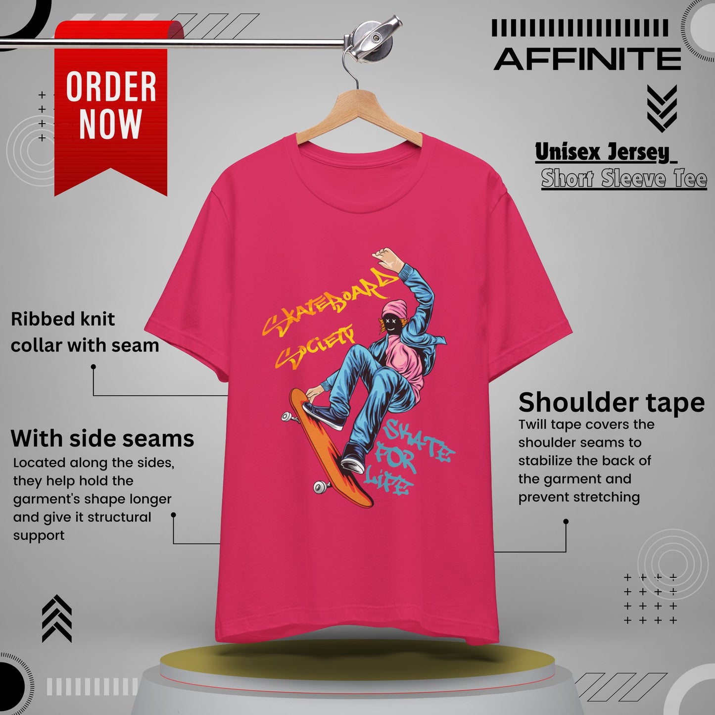 T-Shirt Skateboard Society Unisex Tee - Vibrant Orange Graphic T-Shirt for Skate Enthusiasts Fuchsia