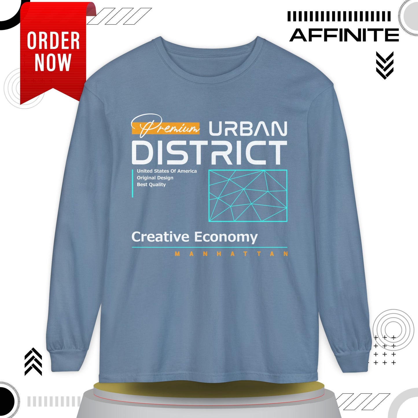 Long-sleeve Urban District Long Sleeve T-Shirt - Vintage Graphic Tee, Casual Wear, Creative Economy, Unisex Fashion, Gift for Art Lovers Blue Jean